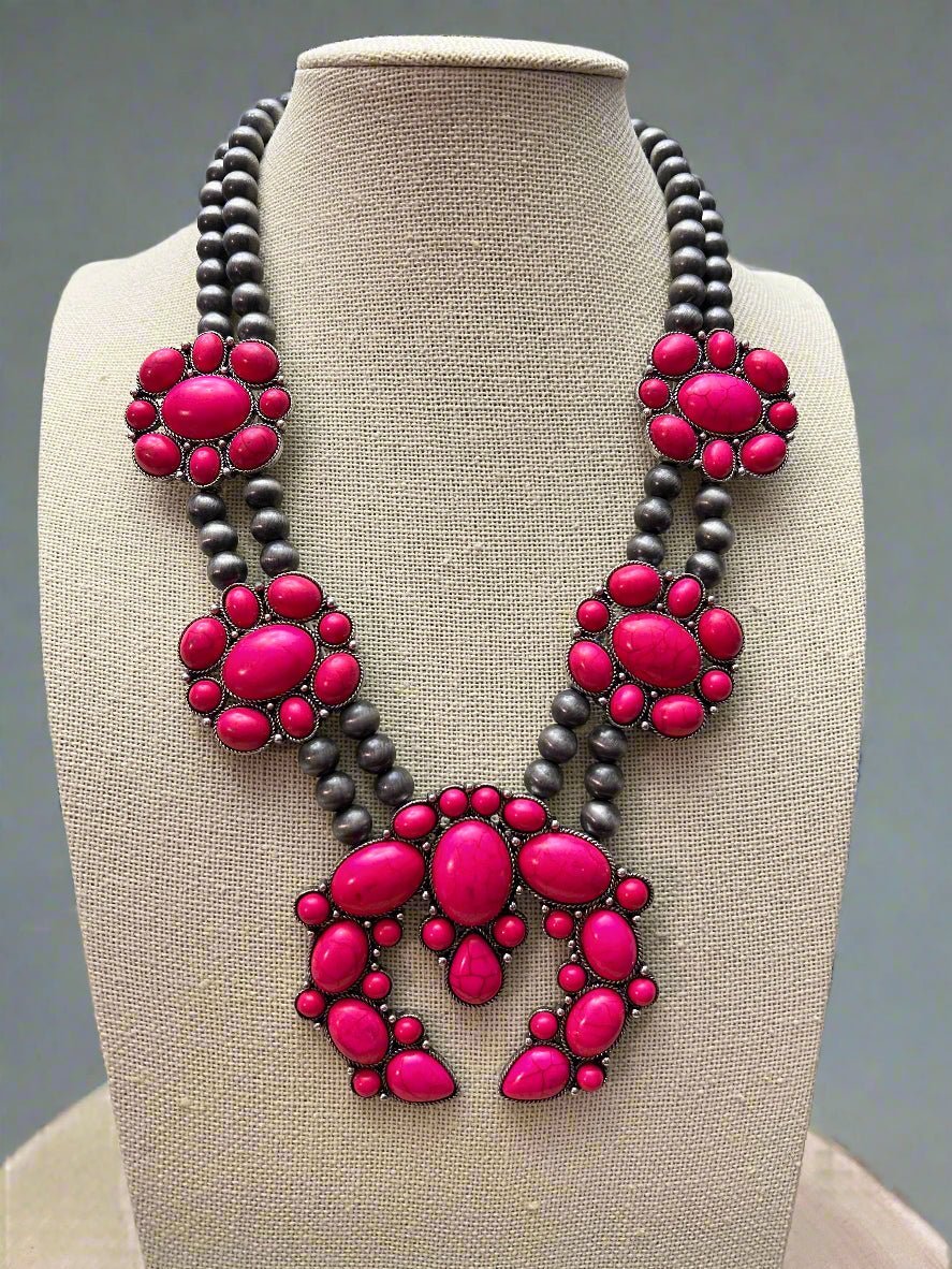 Faux Pink Squash Blossom Necklace on Double Strand Pearls - 18 inch necklace - Rooted & Reckless Co.