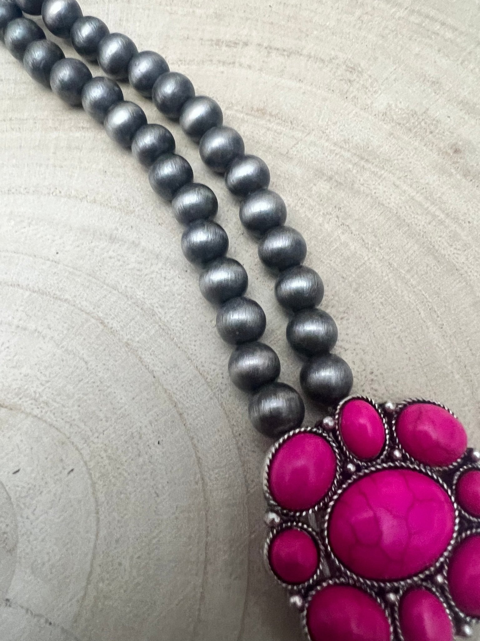 Faux Pink Squash Blossom Necklace on Double Strand Pearls - 18 inch necklace - Rooted & Reckless Co.