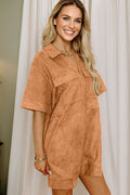 Faux Suede Collared V-Neck Short Sleeve Dress - Rooted & Reckless Co.