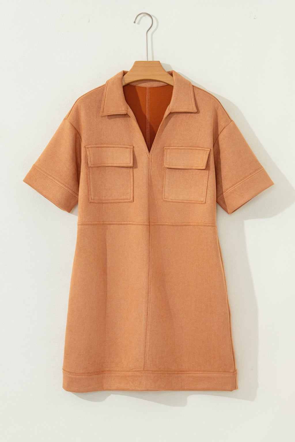 Faux Suede Collared V-Neck Short Sleeve Dress - Rooted & Reckless Co.