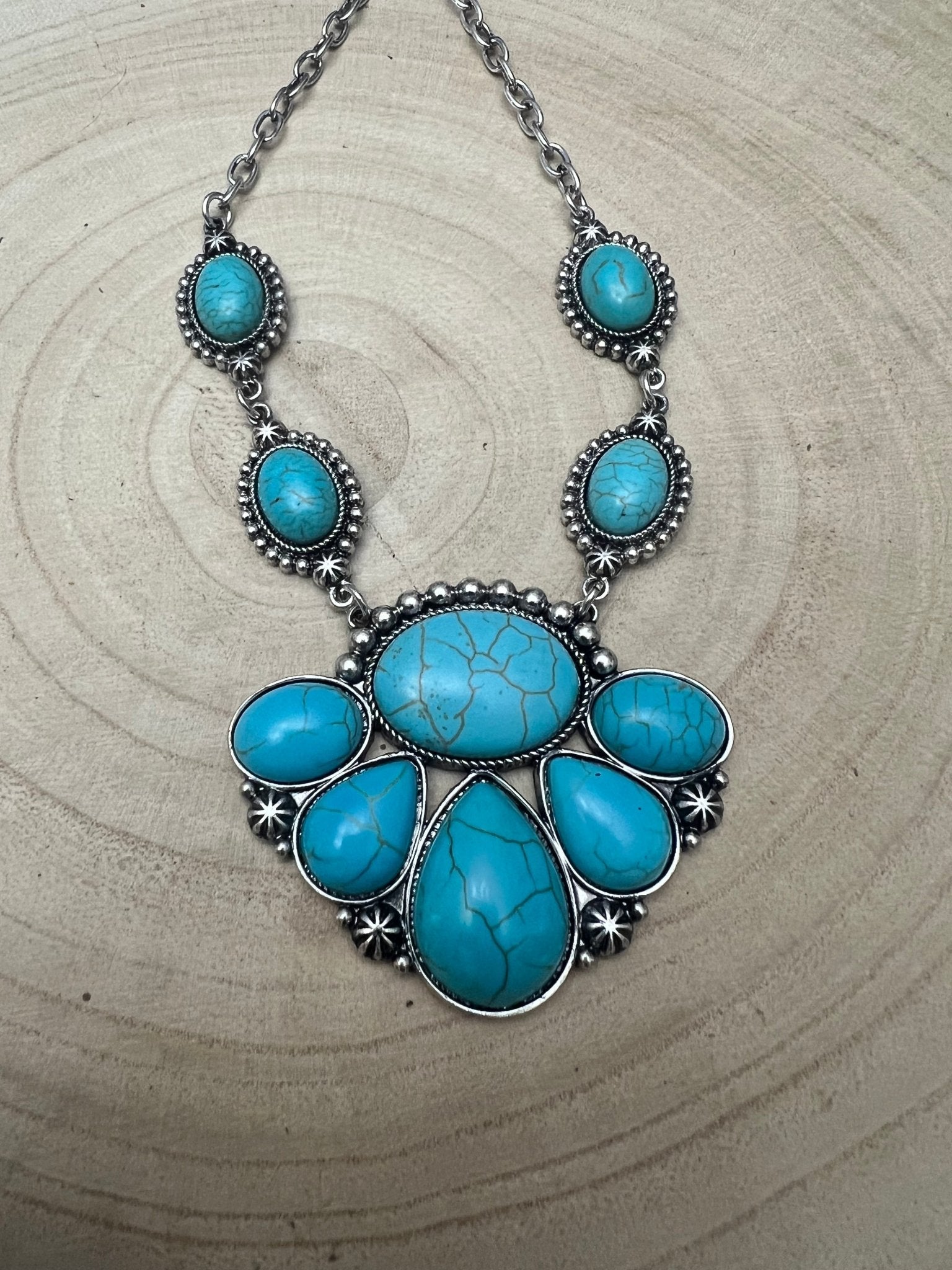 Faux Turquoise Squash Blossom and Earring Set - 18 inch necklace - Rooted & Reckless Co.