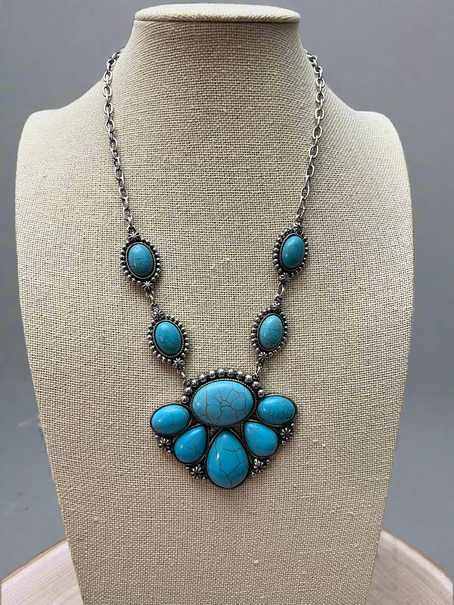 Faux Turquoise Squash Blossom and Earring Set - 18 inch necklace - Rooted & Reckless Co.