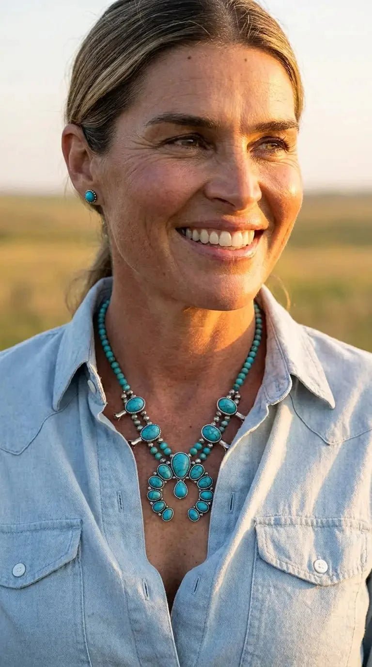 Faux Turquoise Squash Blossom and Earring Set - 18 inch necklace - Rooted & Reckless Co.