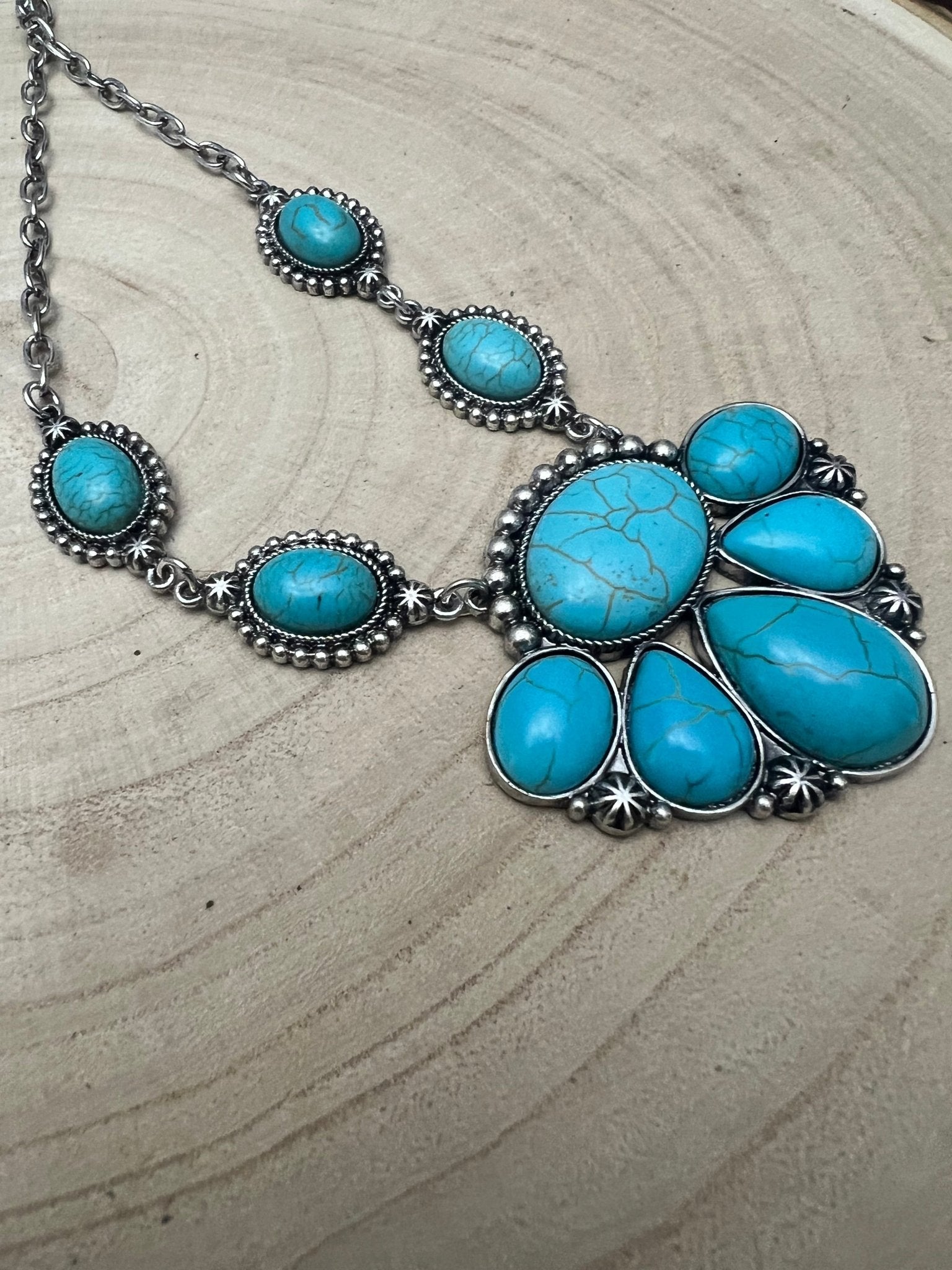 Faux Turquoise Squash Blossom and Earring Set - 18 inch necklace - Rooted & Reckless Co.