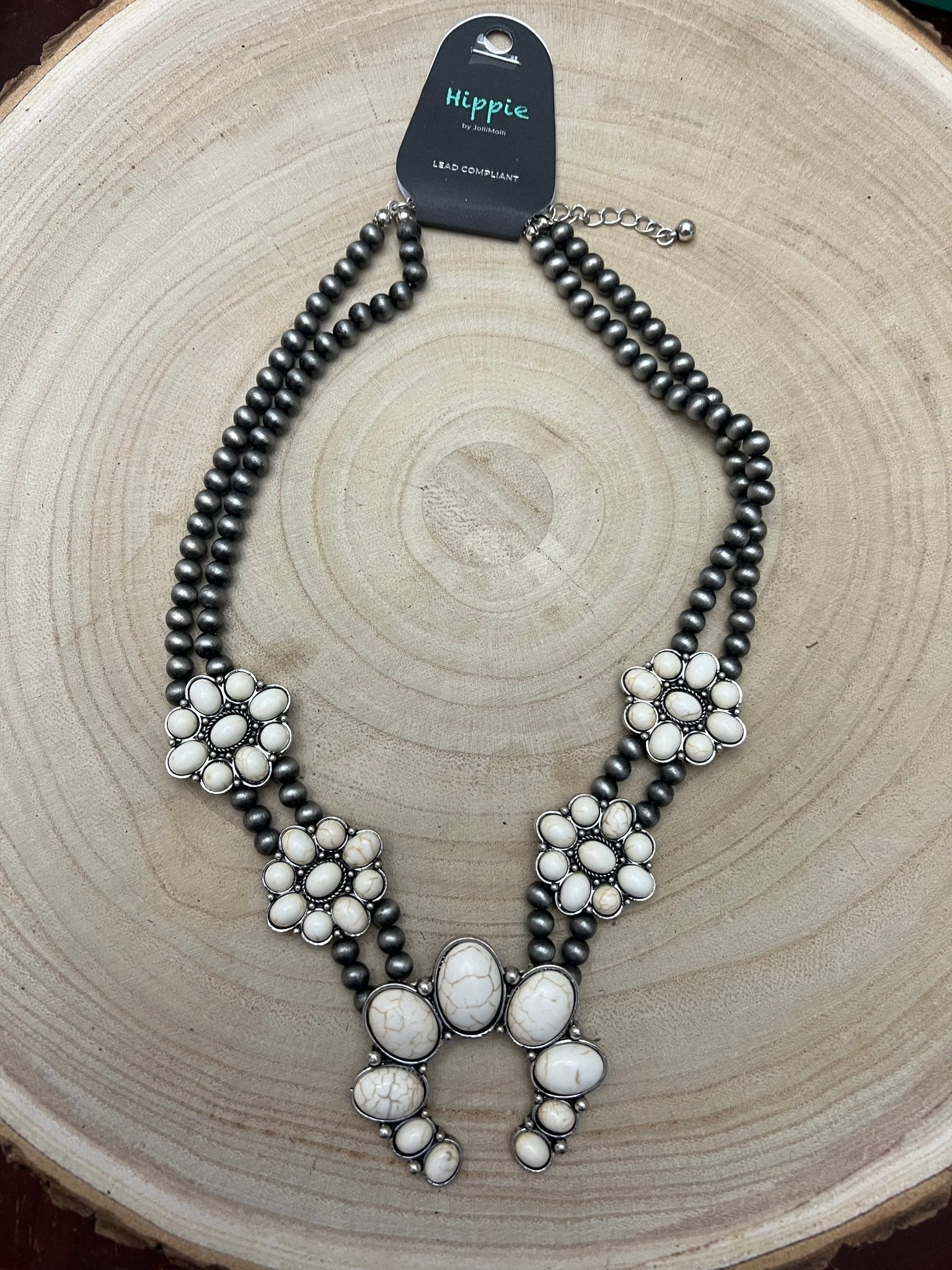 Faux White Buffalo Double Strand Squash Blossom Necklace - 18 inch - Rooted & Reckless Co.
