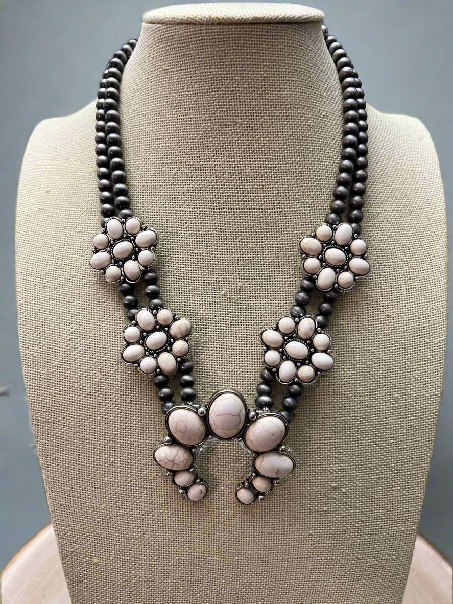 Faux White Buffalo Double Strand Squash Blossom Necklace - 18 inch - Rooted & Reckless Co.