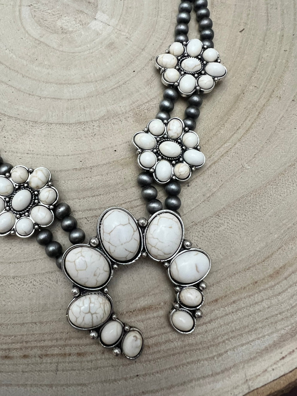 Faux White Buffalo Double Strand Squash Blossom Necklace - 18 inch - Rooted & Reckless Co.
