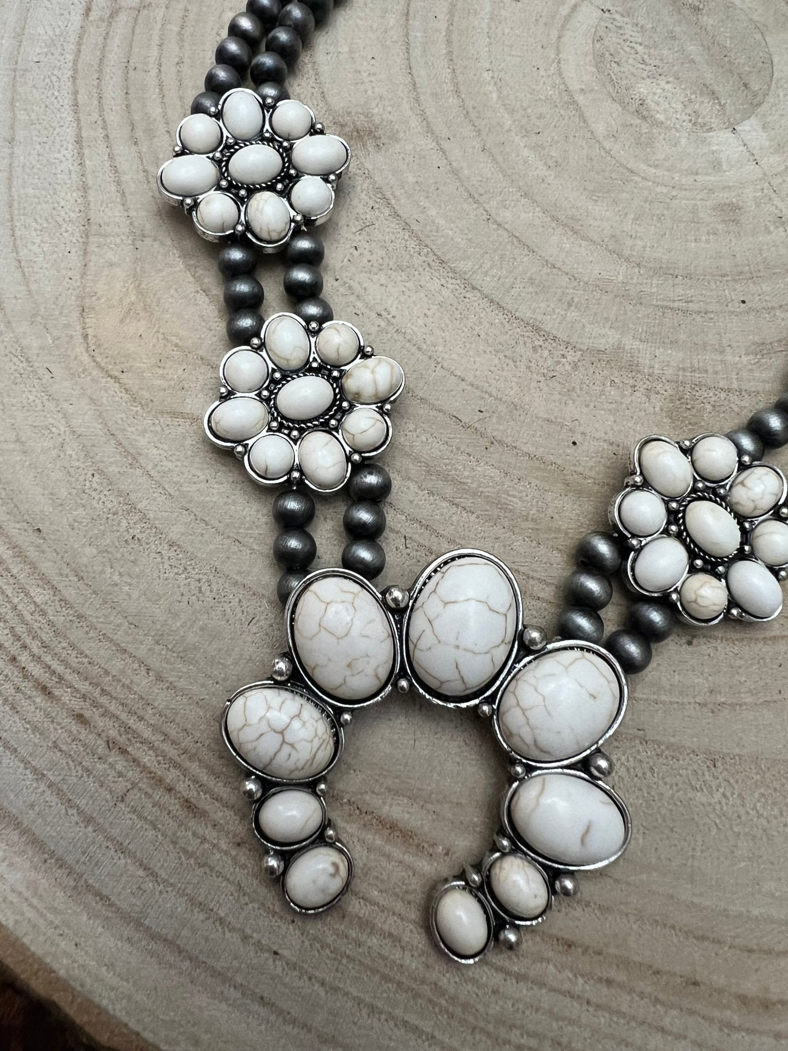 Faux White Buffalo Double Strand Squash Blossom Necklace - 18 inch - Rooted & Reckless Co.