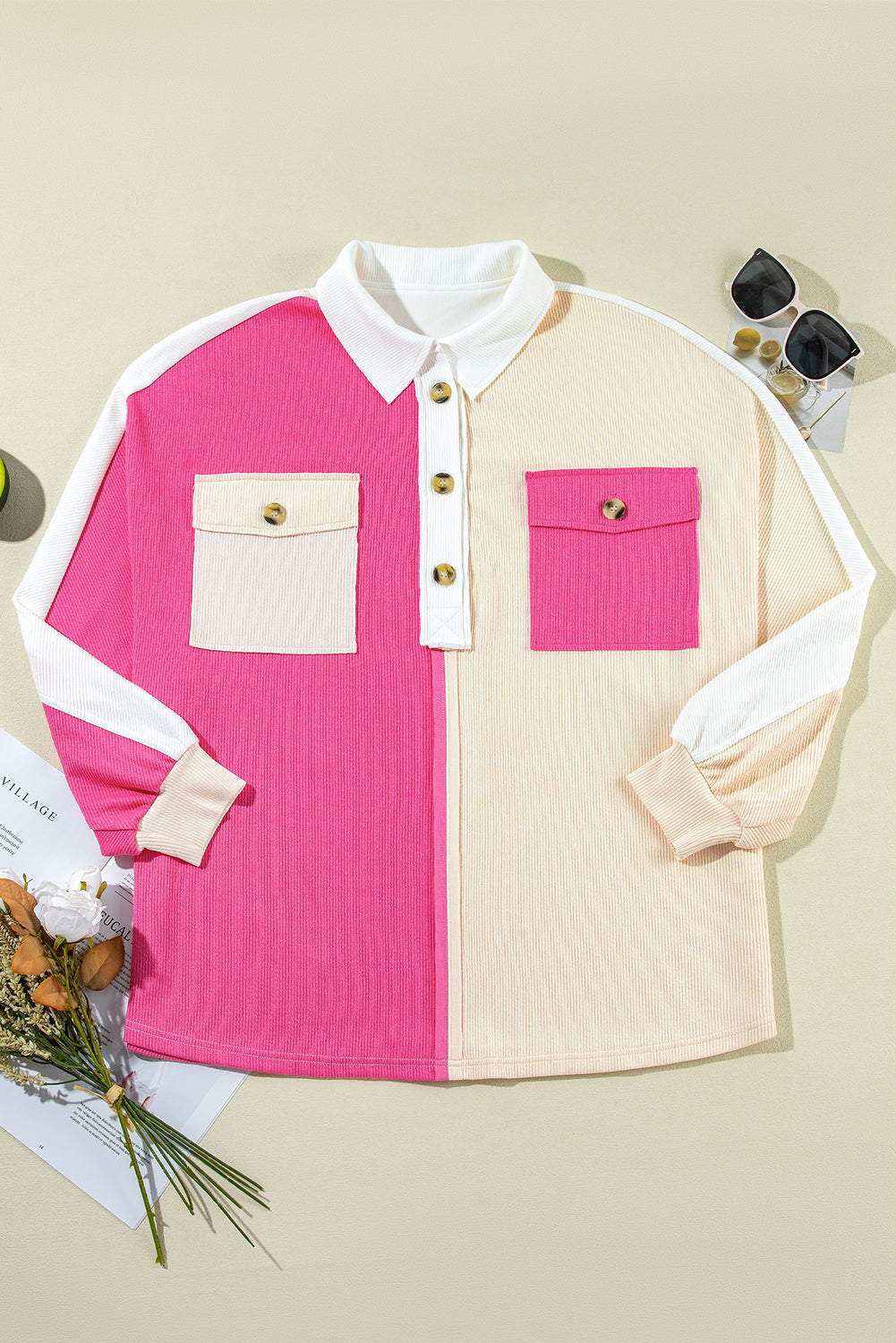 Colorblock Collared Ribbed Patchwork Pocketed Sweatshirt