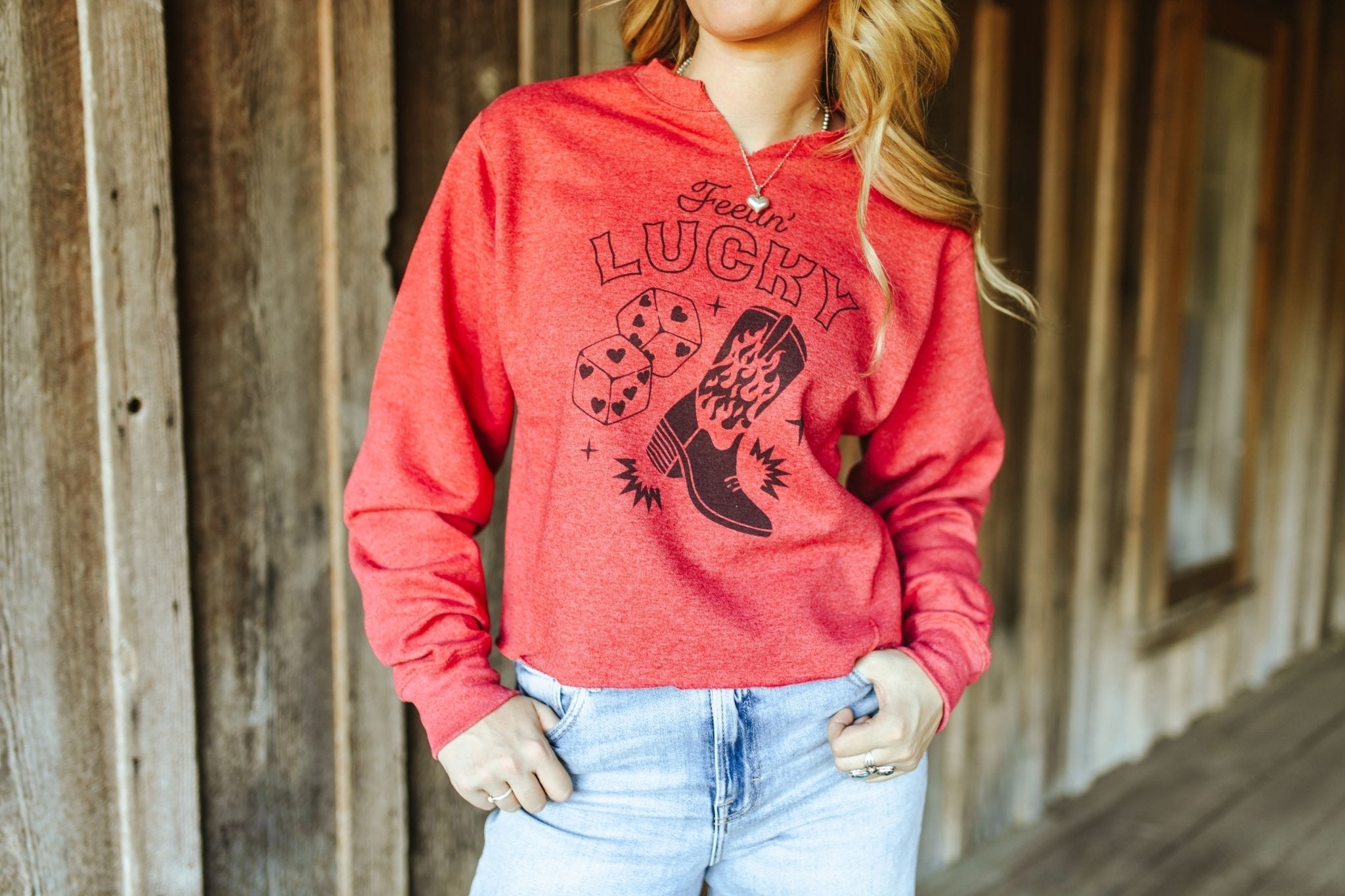 Feelin' Lucky Raw Hem V-Neck Crop Graphic Sweatshirt - Rooted & Reckless Co.