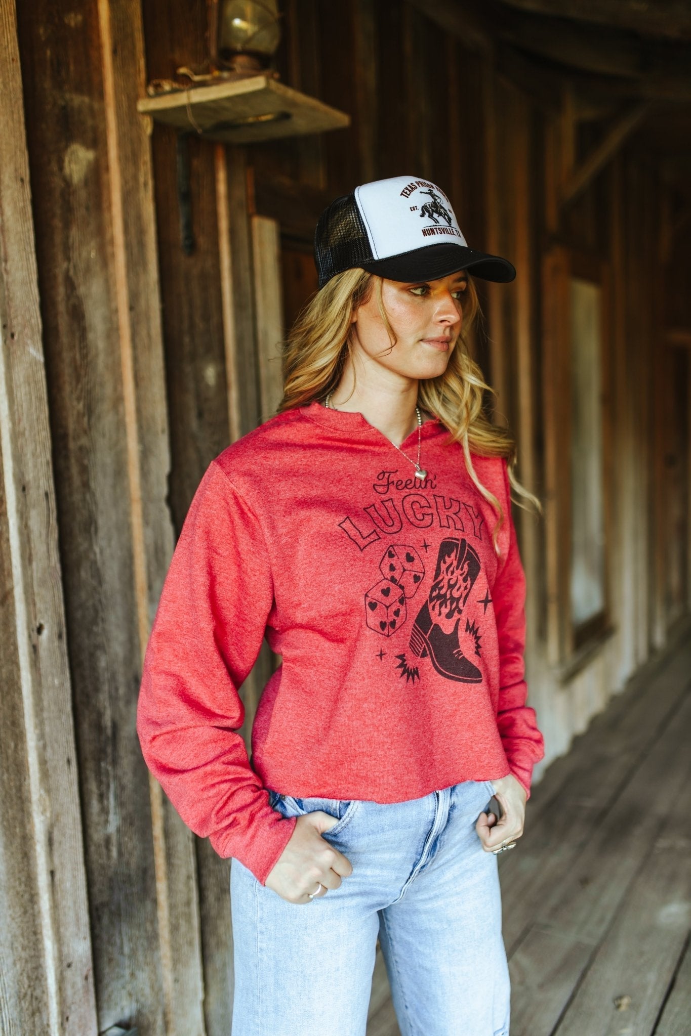 Feelin' Lucky Raw Hem V-Neck Crop Graphic Sweatshirt - Rooted & Reckless Co.