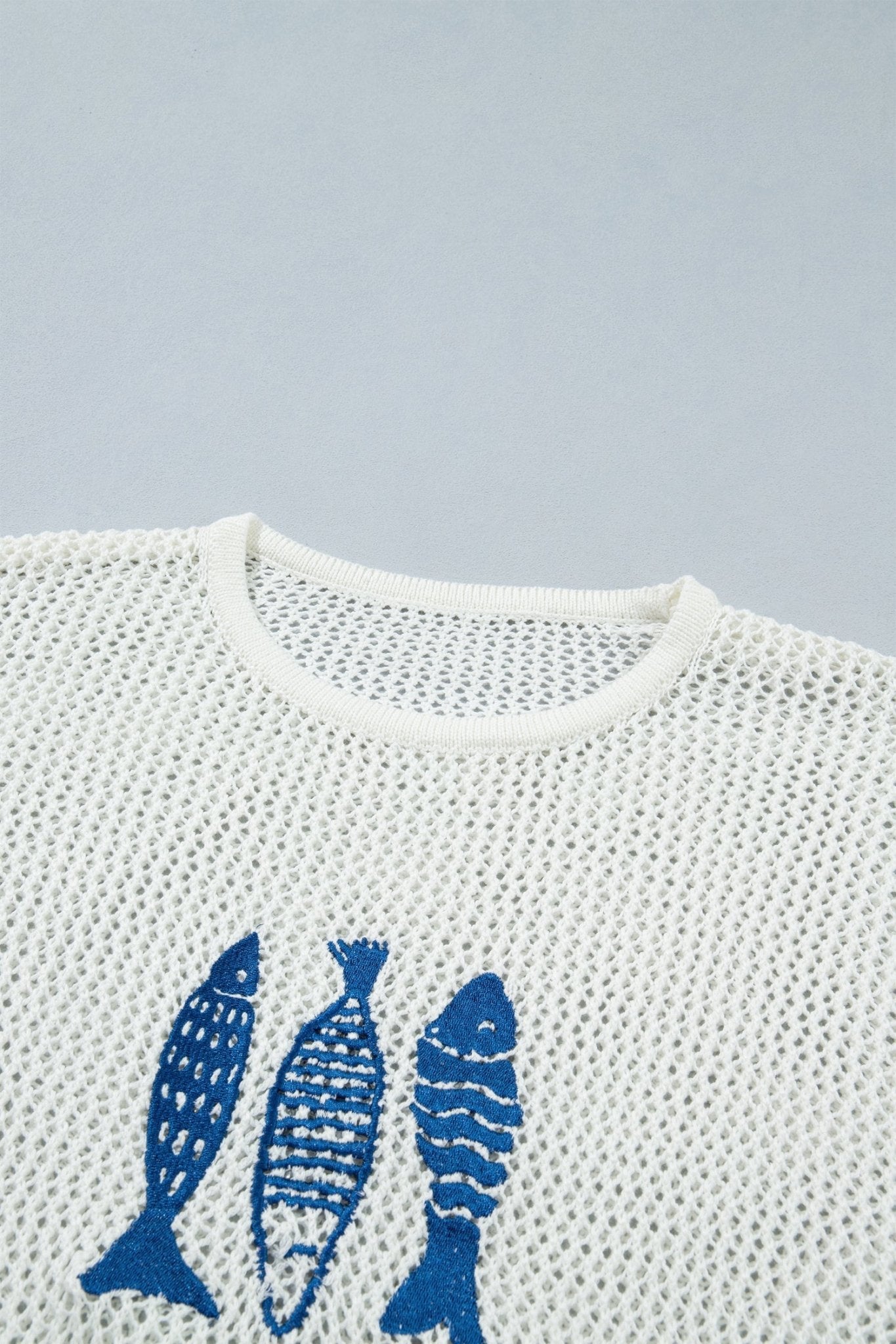 Fish Embroidered Crew Neck Crochet Knit Sweater - Rooted & Reckless Co.