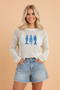 Fish Embroidered Crew Neck Crochet Knit Sweater - Rooted & Reckless Co.