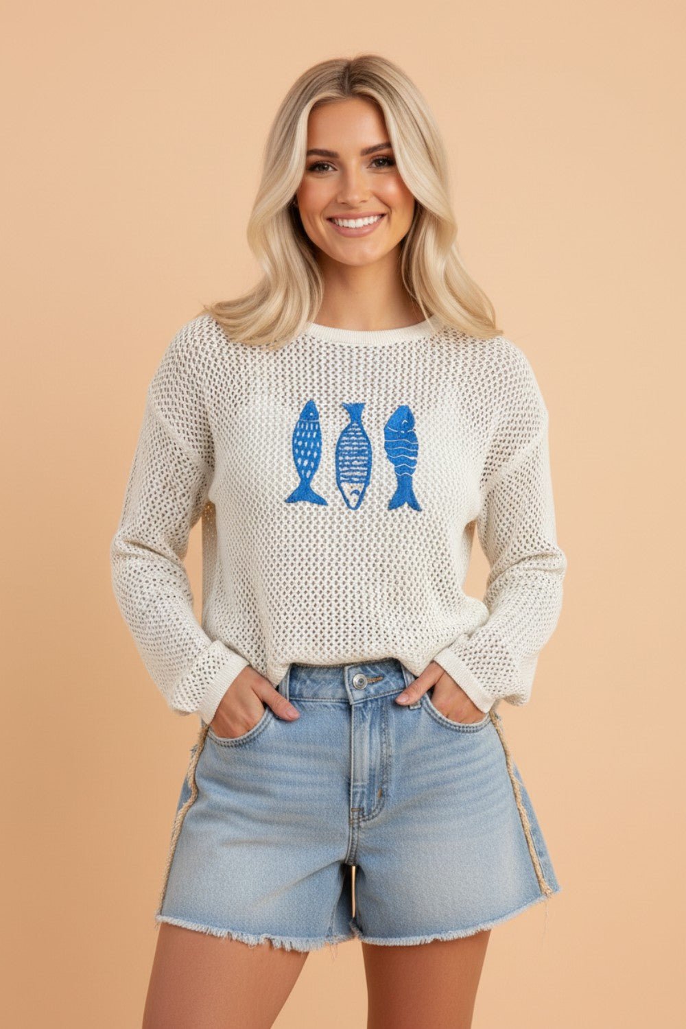 Fish Embroidered Crew Neck Crochet Knit Sweater - Rooted & Reckless Co.