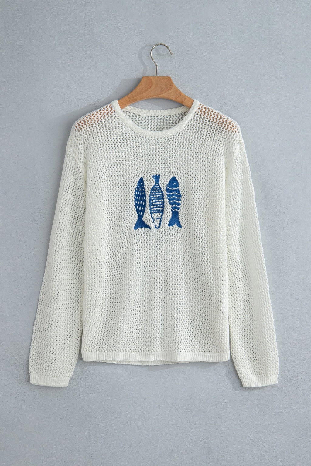 Fish Embroidered Crew Neck Crochet Knit Sweater - Rooted & Reckless Co.