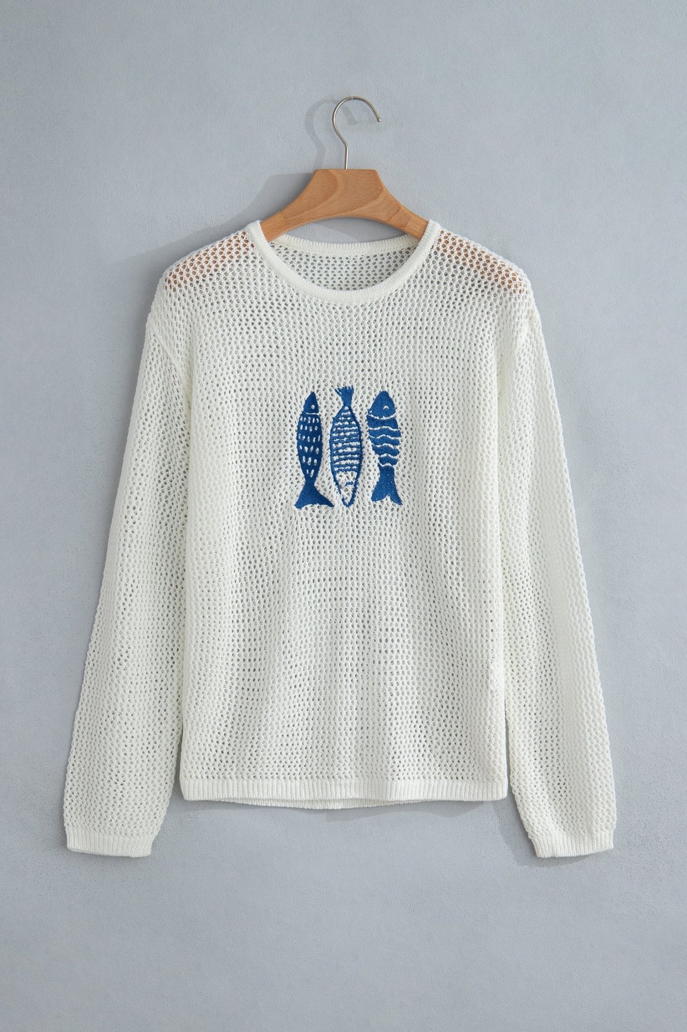 Fish Embroidered Crew Neck Crochet Knit Sweater - Rooted & Reckless Co.