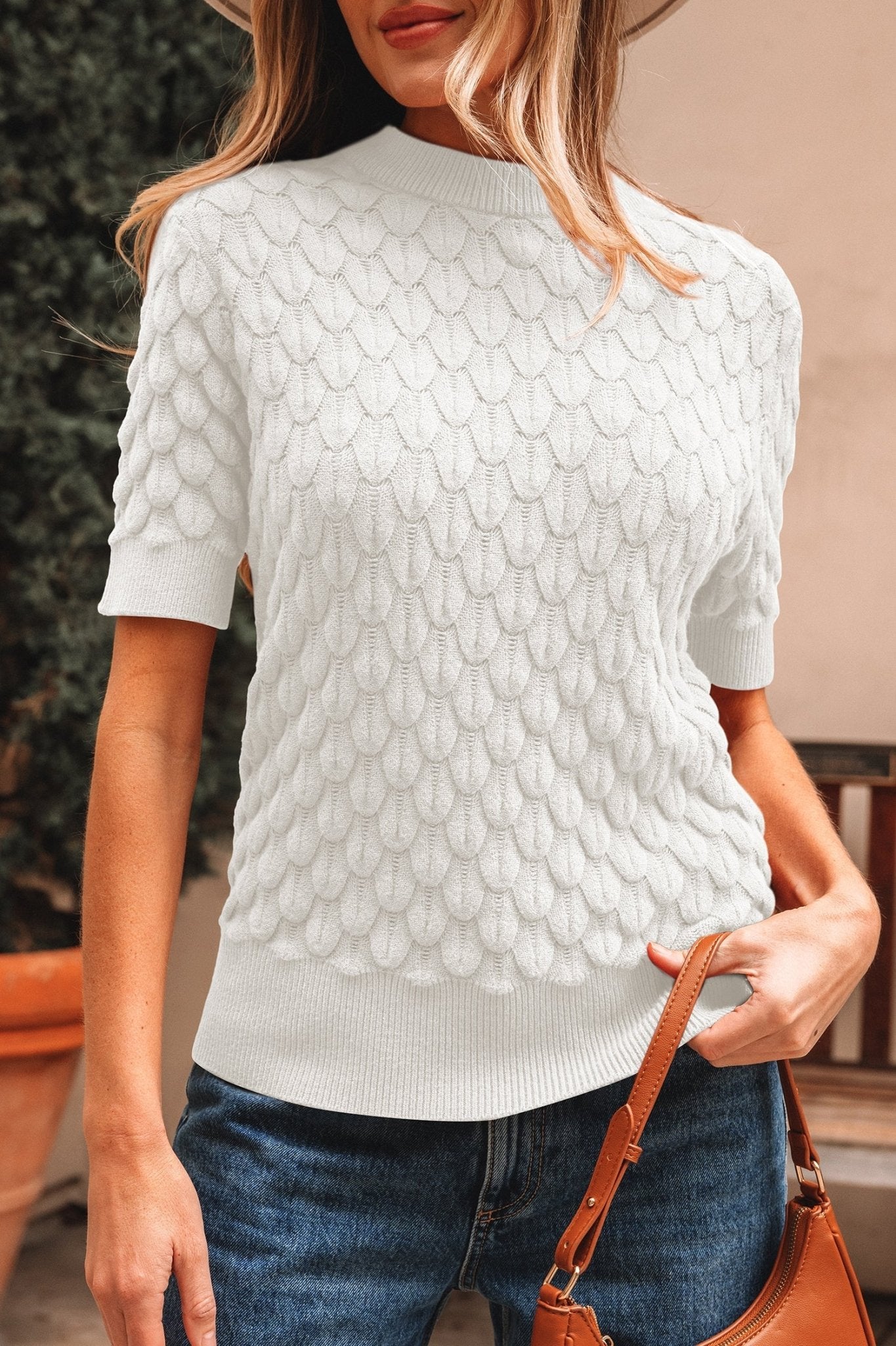Fish Scale Textured Knit Short Sleeve Sweater - Rooted & Reckless Co.