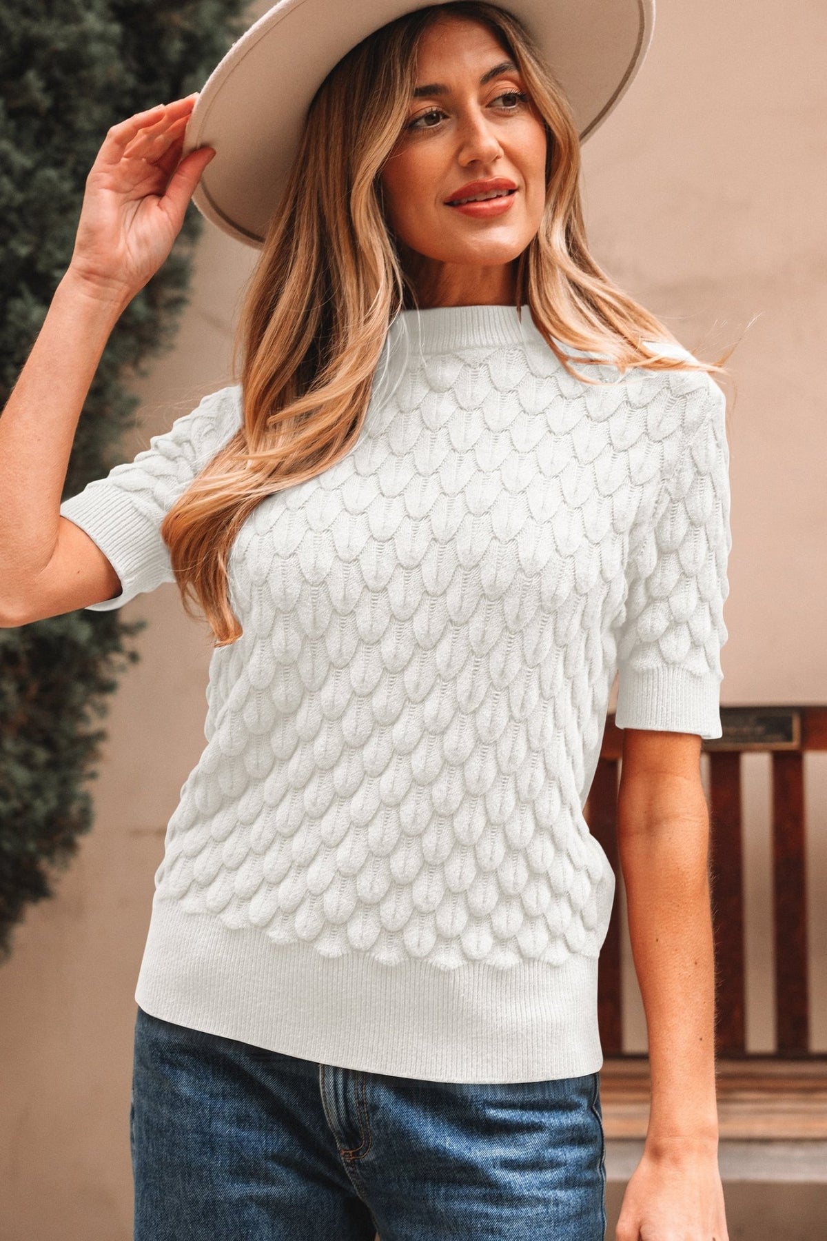 Fish Scale Textured Knit Short Sleeve Sweater - Rooted & Reckless Co.