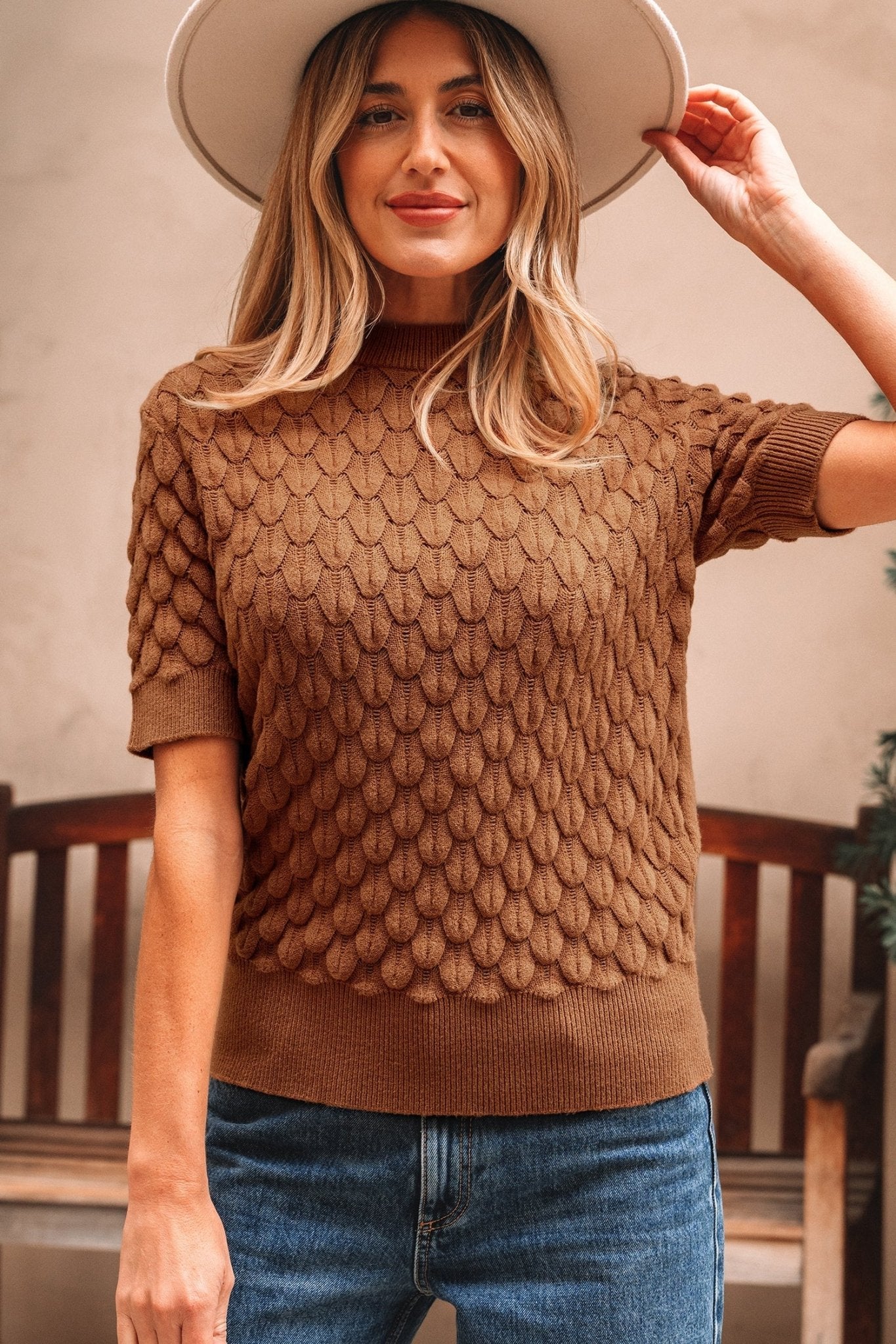 Fish Scale Textured Knit Short Sleeve Sweater - Rooted & Reckless Co.