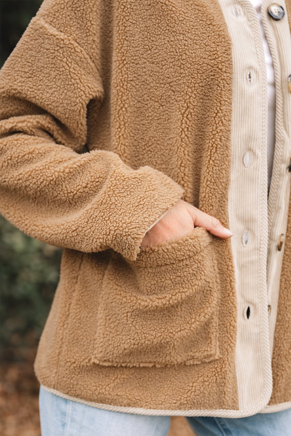 Fleece Corduroy Patchwork Button Up Jacket - Rooted & Reckless Co.