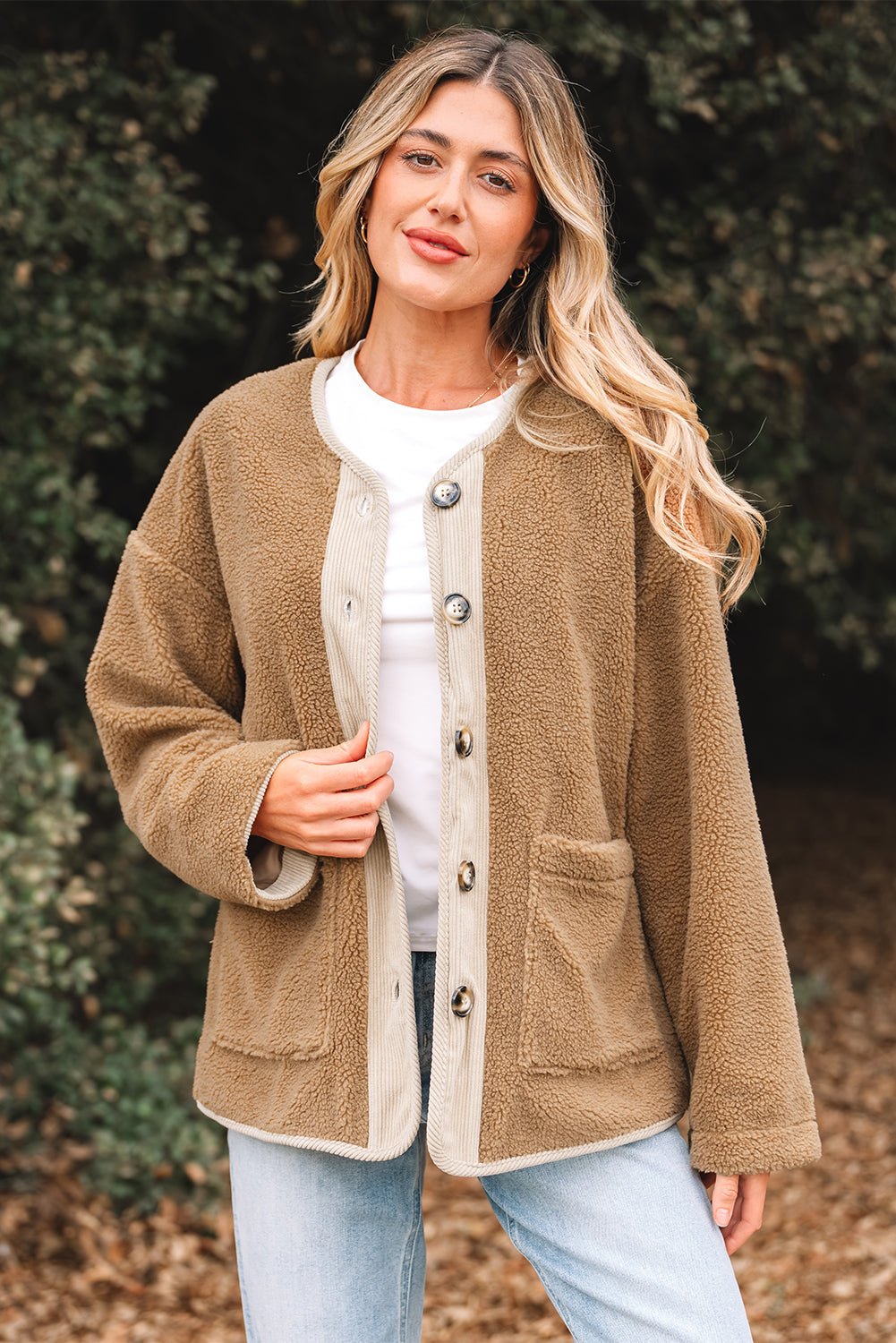 Fleece Corduroy Patchwork Button Up Jacket - Rooted & Reckless Co.