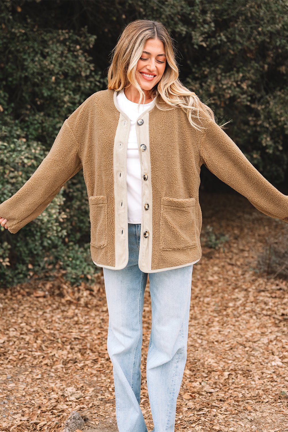 Fleece Corduroy Patchwork Button Up Jacket - Rooted & Reckless Co.