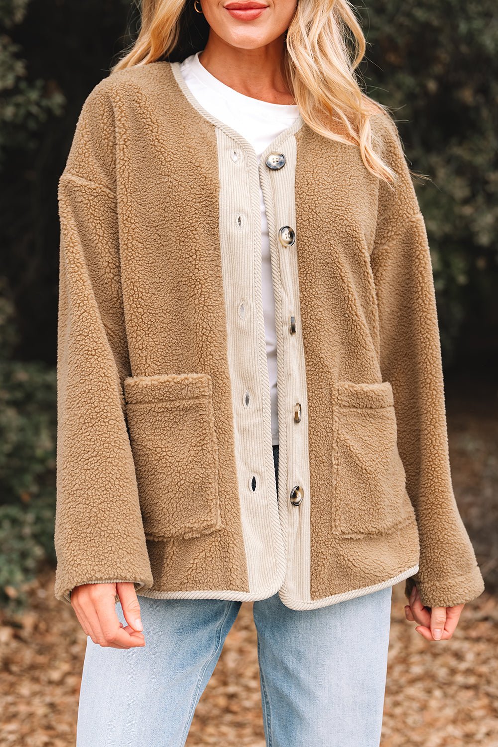 Fleece Corduroy Patchwork Button Up Jacket - Rooted & Reckless Co.