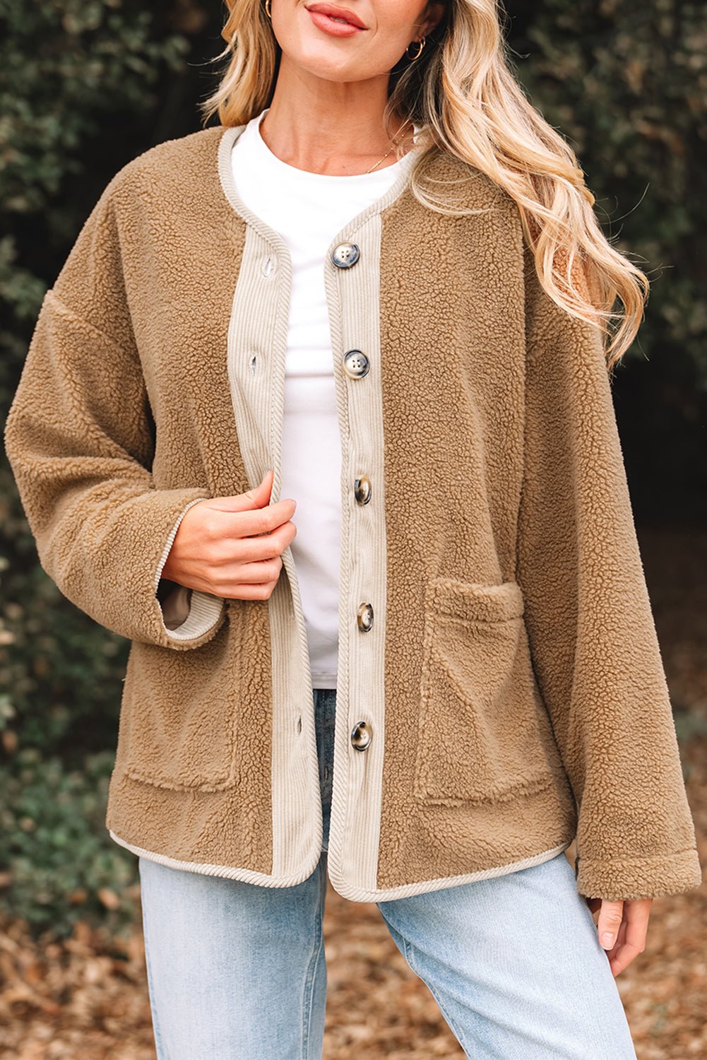 Fleece Corduroy Patchwork Button Up Jacket - Rooted & Reckless Co.