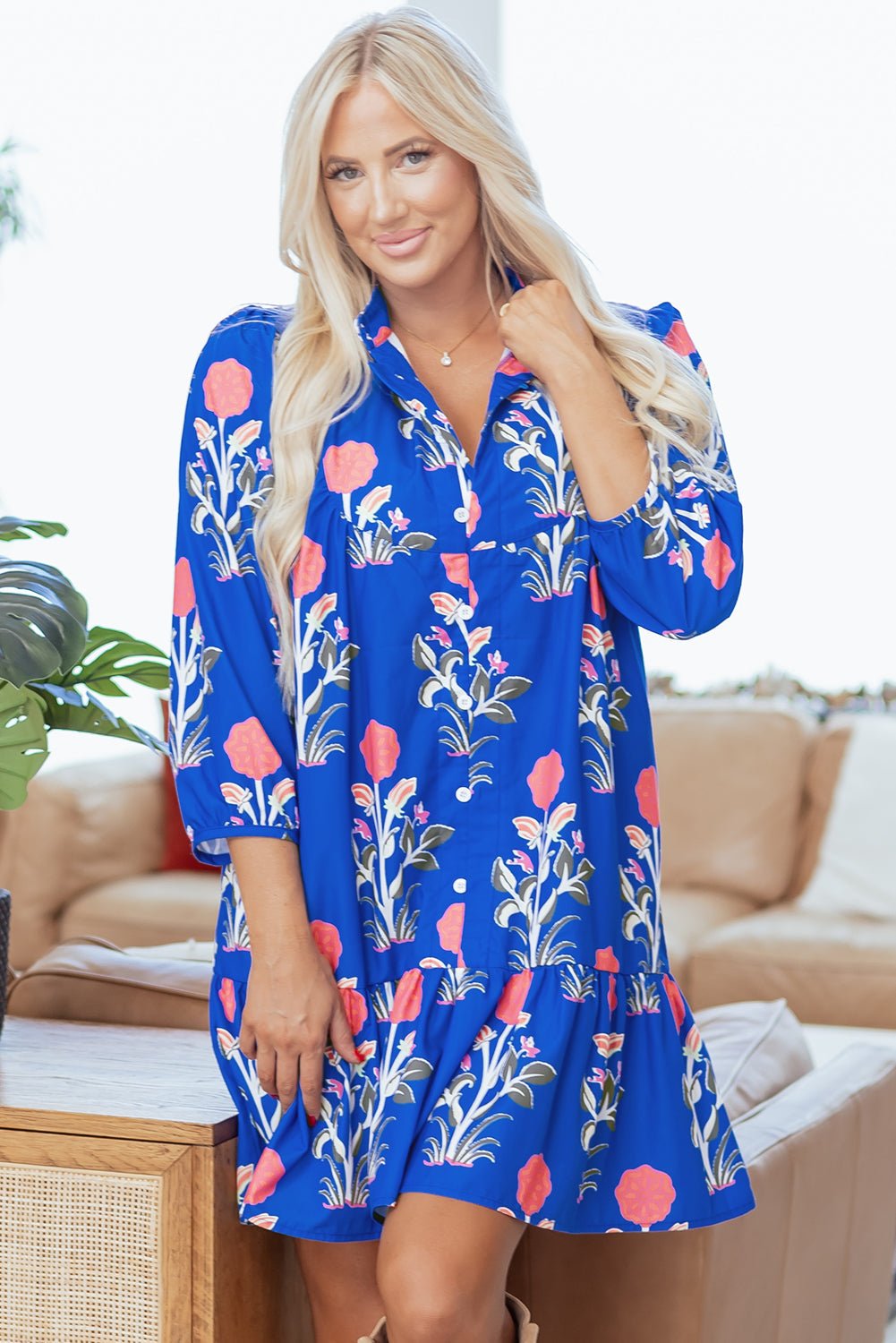 Floral 3/4 Puff Sleeve Ruffle Hem Dress - Rooted & Reckless Co.