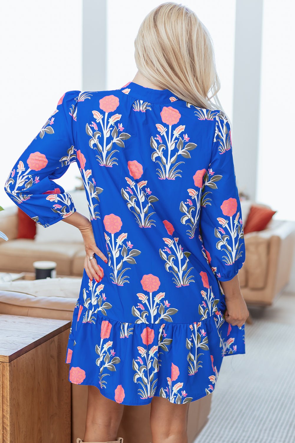 Floral 3/4 Puff Sleeve Ruffle Hem Dress - Rooted & Reckless Co.