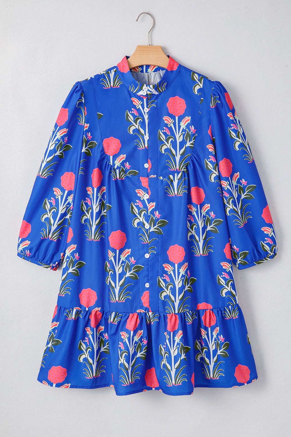 Floral 3/4 Puff Sleeve Ruffle Hem Dress - Rooted & Reckless Co.