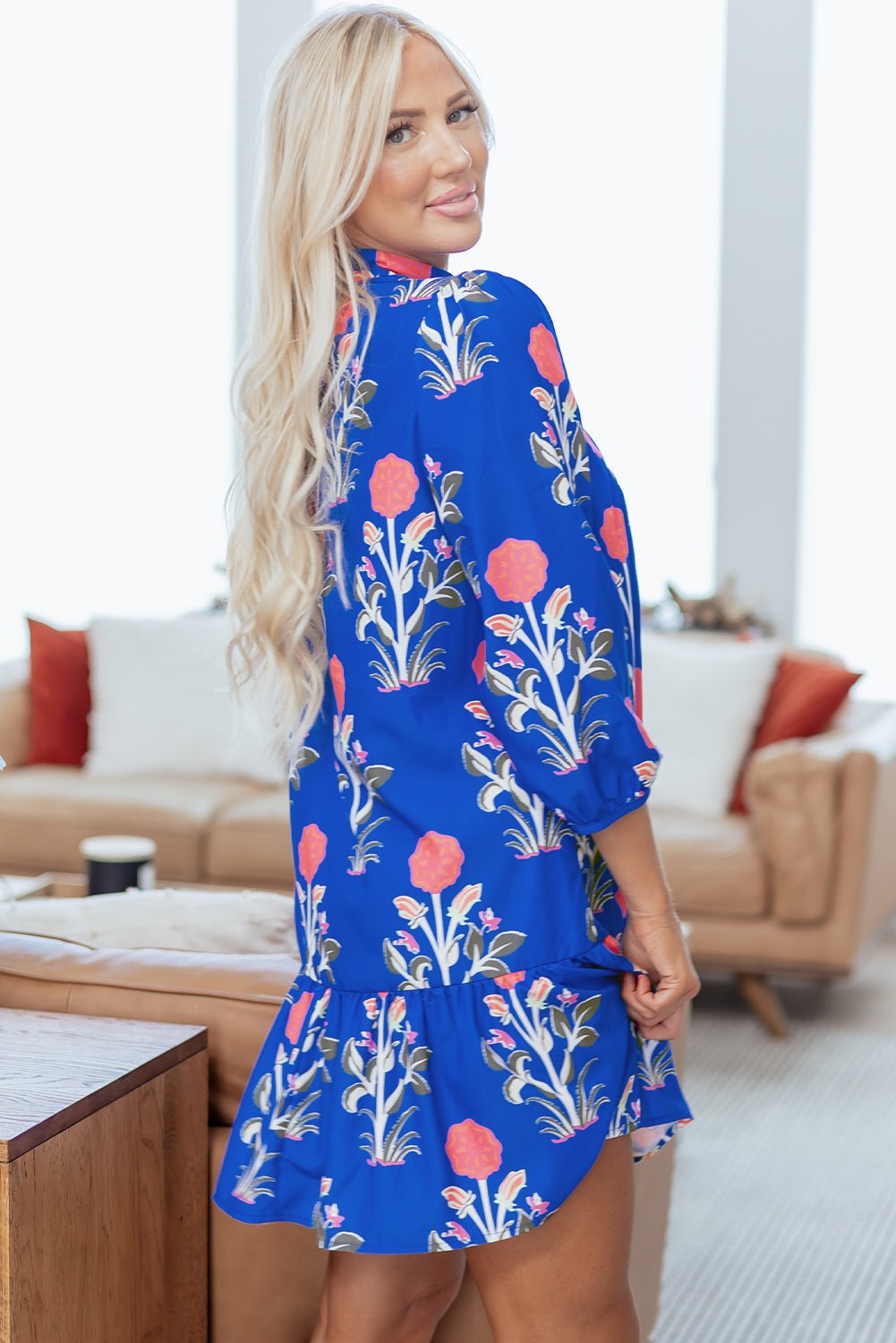 Floral 3/4 Puff Sleeve Ruffle Hem Dress - Rooted & Reckless Co.