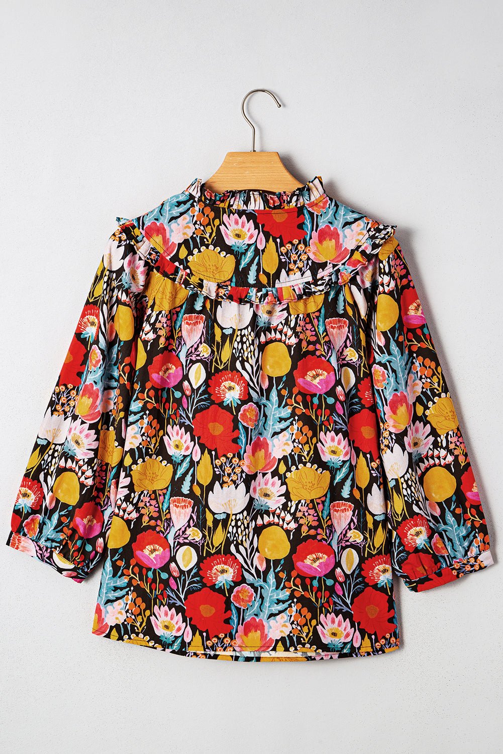 Floral 3/4 Puff Sleeve Tied Neck Blouse - Rooted & Reckless Co.