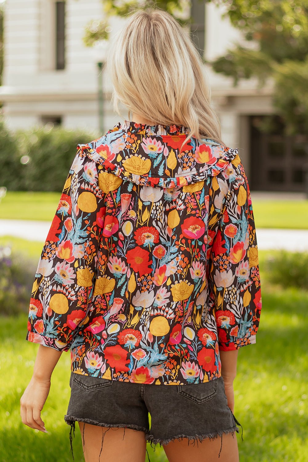 Floral 3/4 Puff Sleeve Tied Neck Blouse - Rooted & Reckless Co.