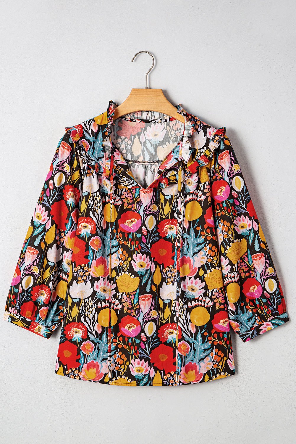 Floral 3/4 Puff Sleeve Tied Neck Blouse - Rooted & Reckless Co.