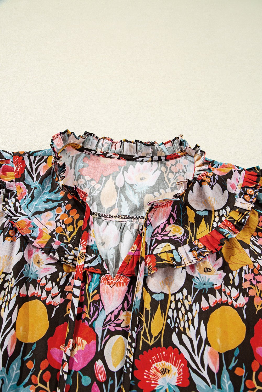 Floral 3/4 Puff Sleeve Tied Neck Blouse - Rooted & Reckless Co.