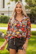 Floral 3/4 Puff Sleeve Tied Neck Blouse - Rooted & Reckless Co.