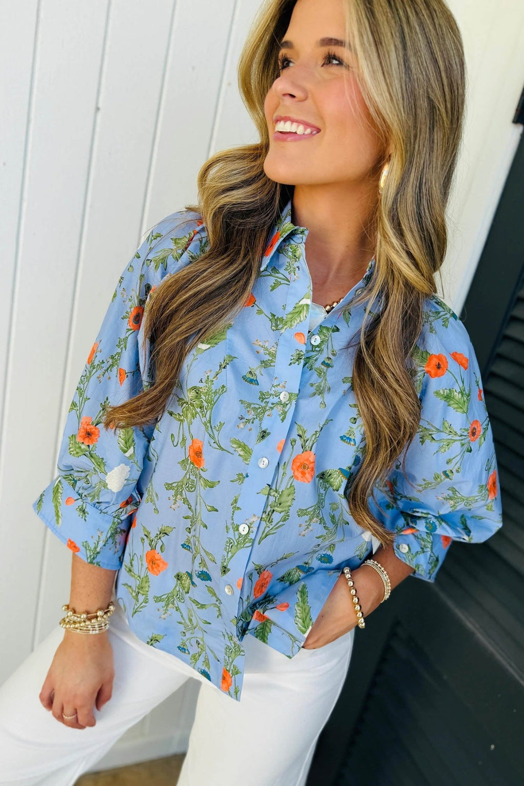 Floral 3/4 Sleeve Button Down Collared Blouse - Rooted & Reckless Co.