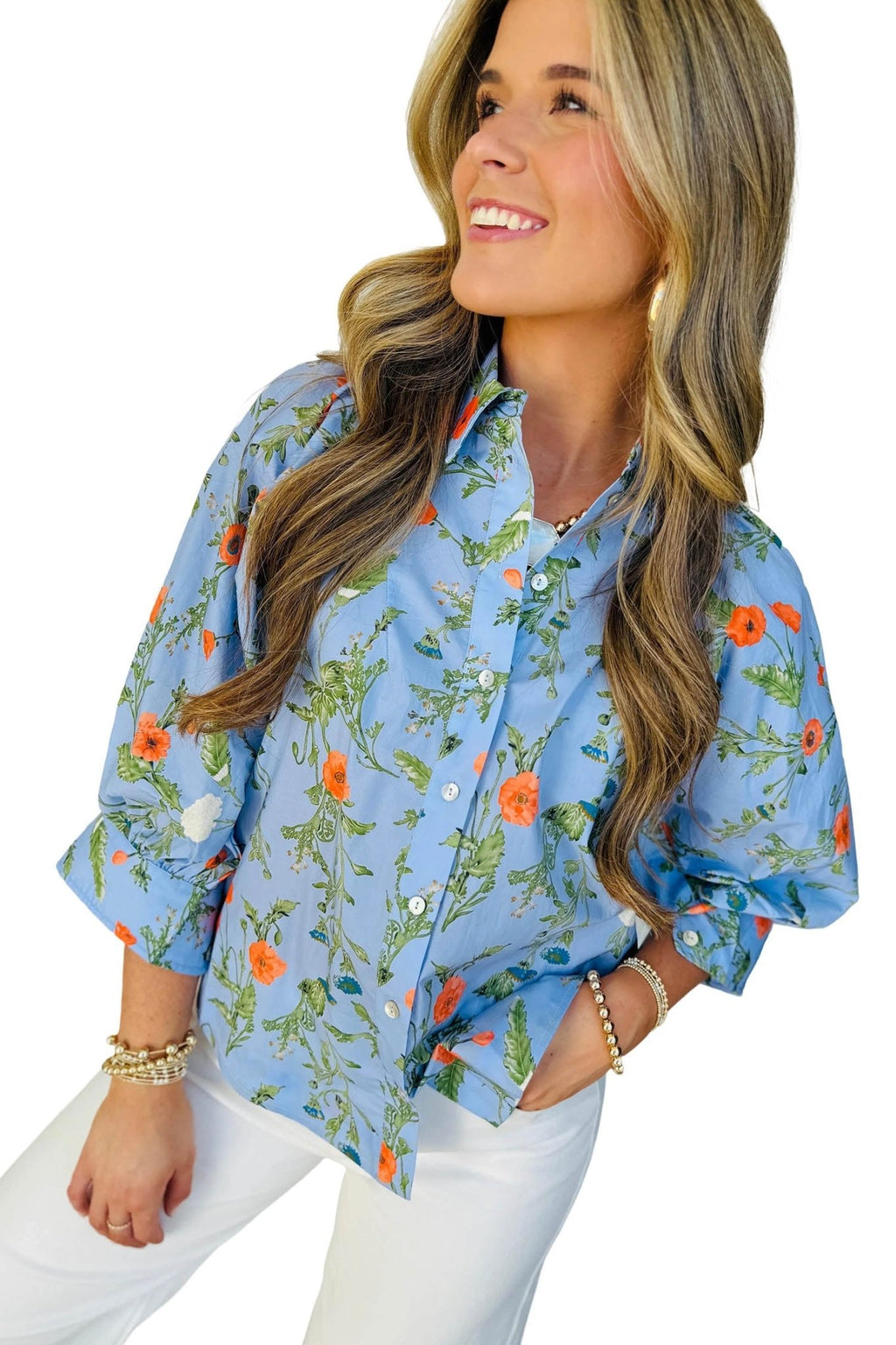 Floral 3/4 Sleeve Button Down Collared Blouse - Rooted & Reckless Co.