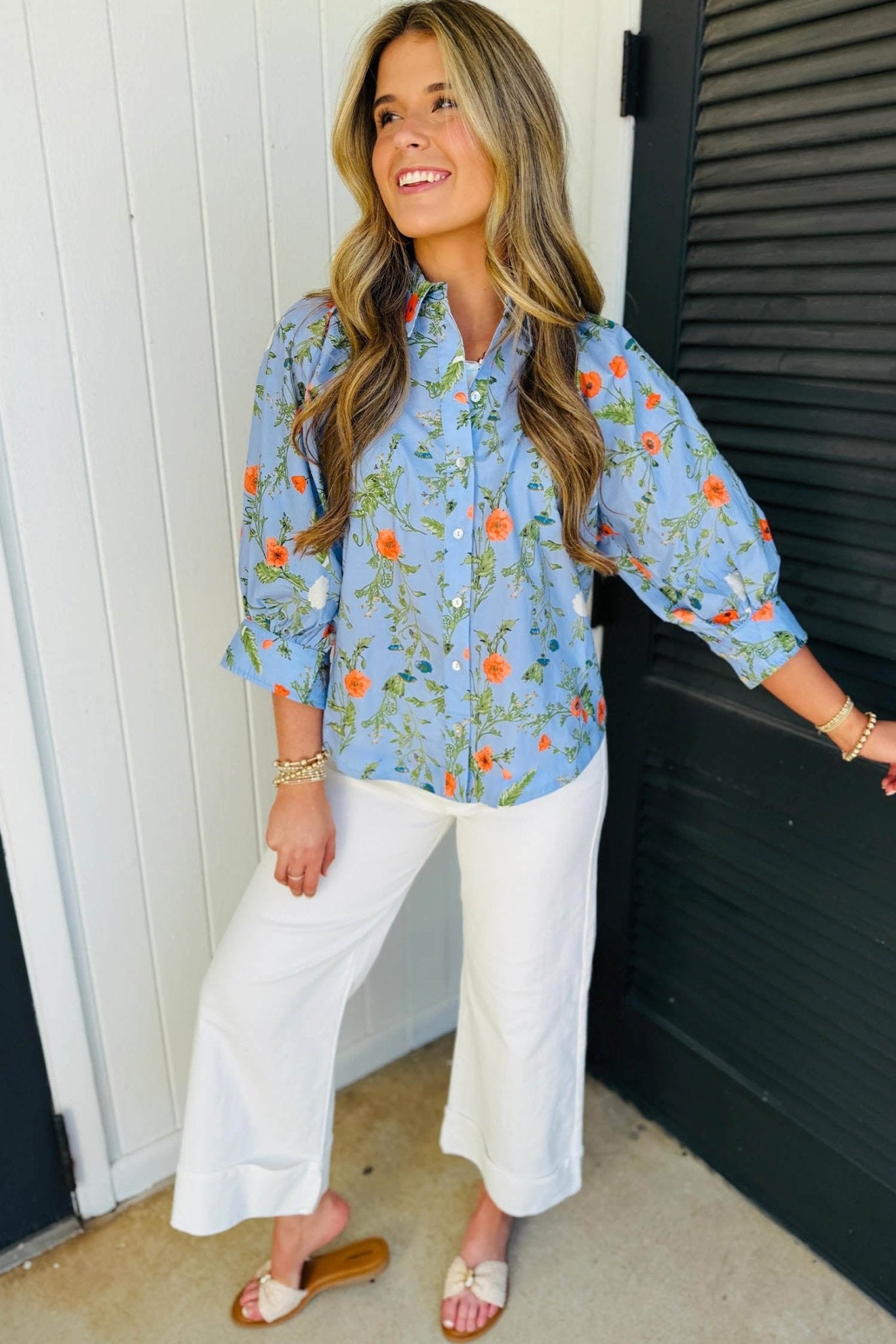 Floral 3/4 Sleeve Button Down Collared Blouse - Rooted & Reckless Co.