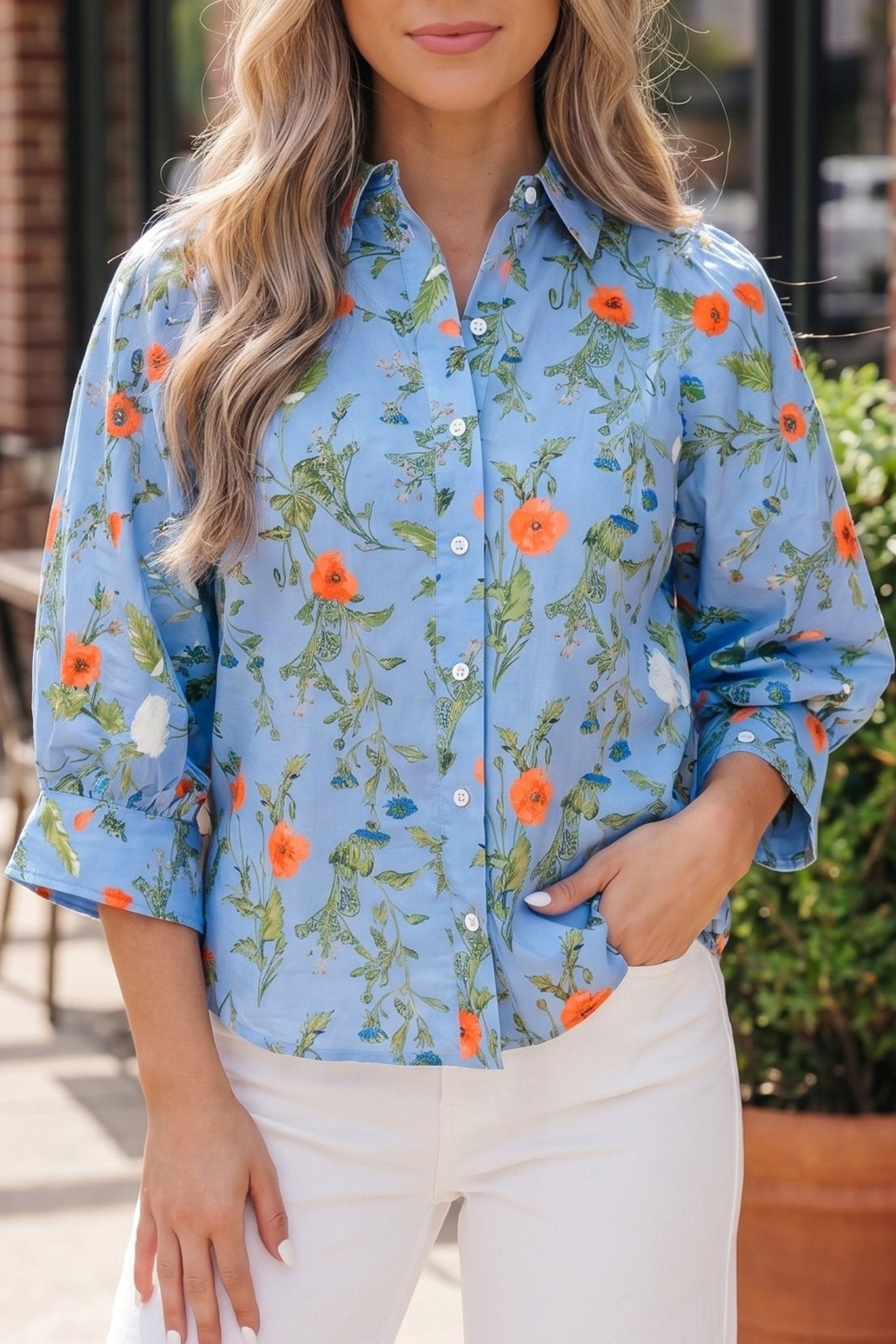 Floral 3/4 Sleeve Button Down Collared Blouse - Rooted & Reckless Co.