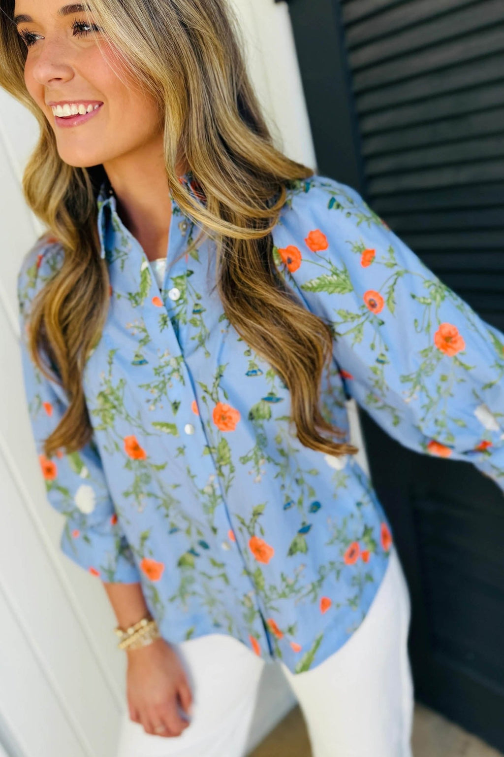 Floral 3/4 Sleeve Button Down Collared Blouse - Rooted & Reckless Co.