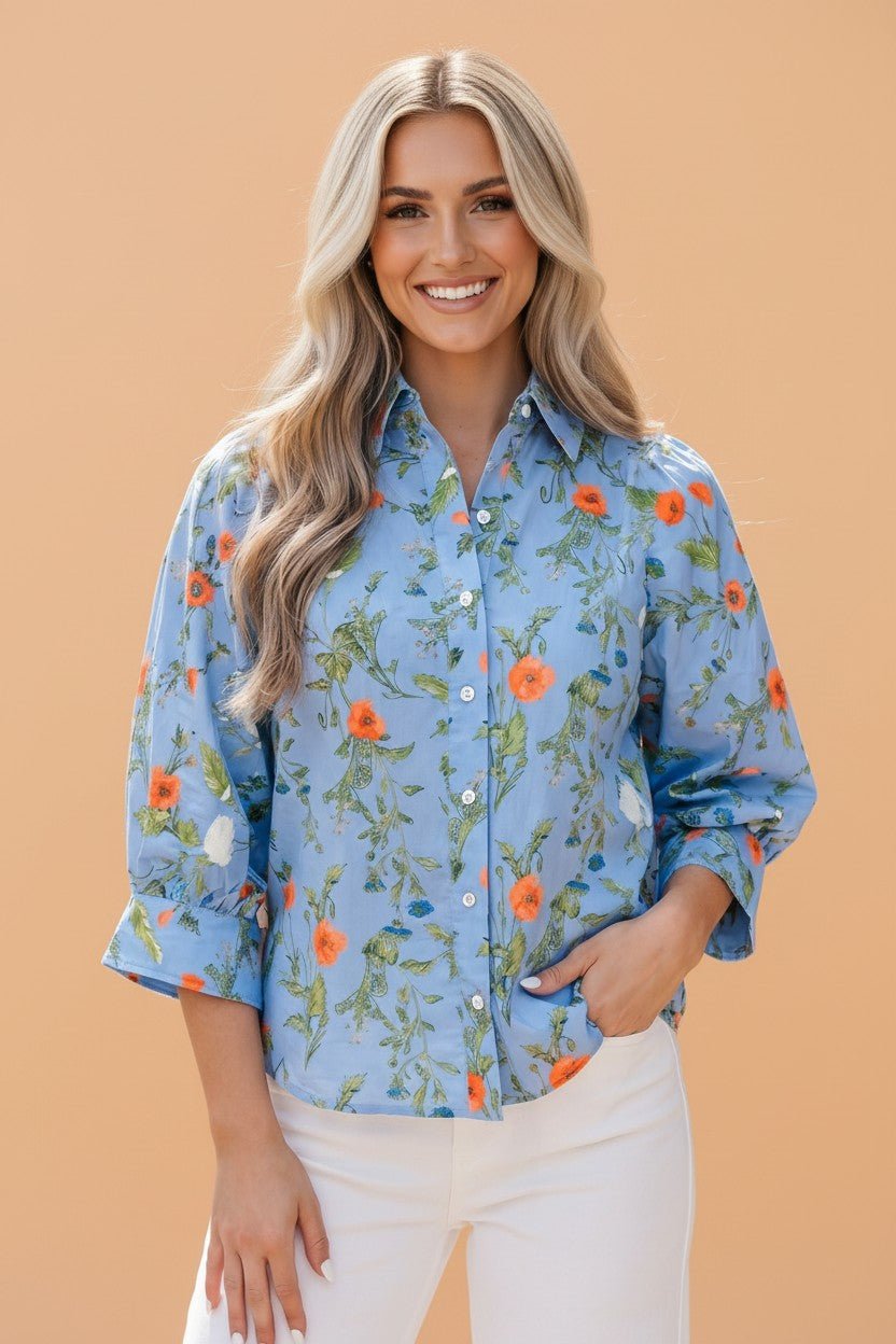 Floral 3/4 Sleeve Button Down Collared Blouse - Rooted & Reckless Co.