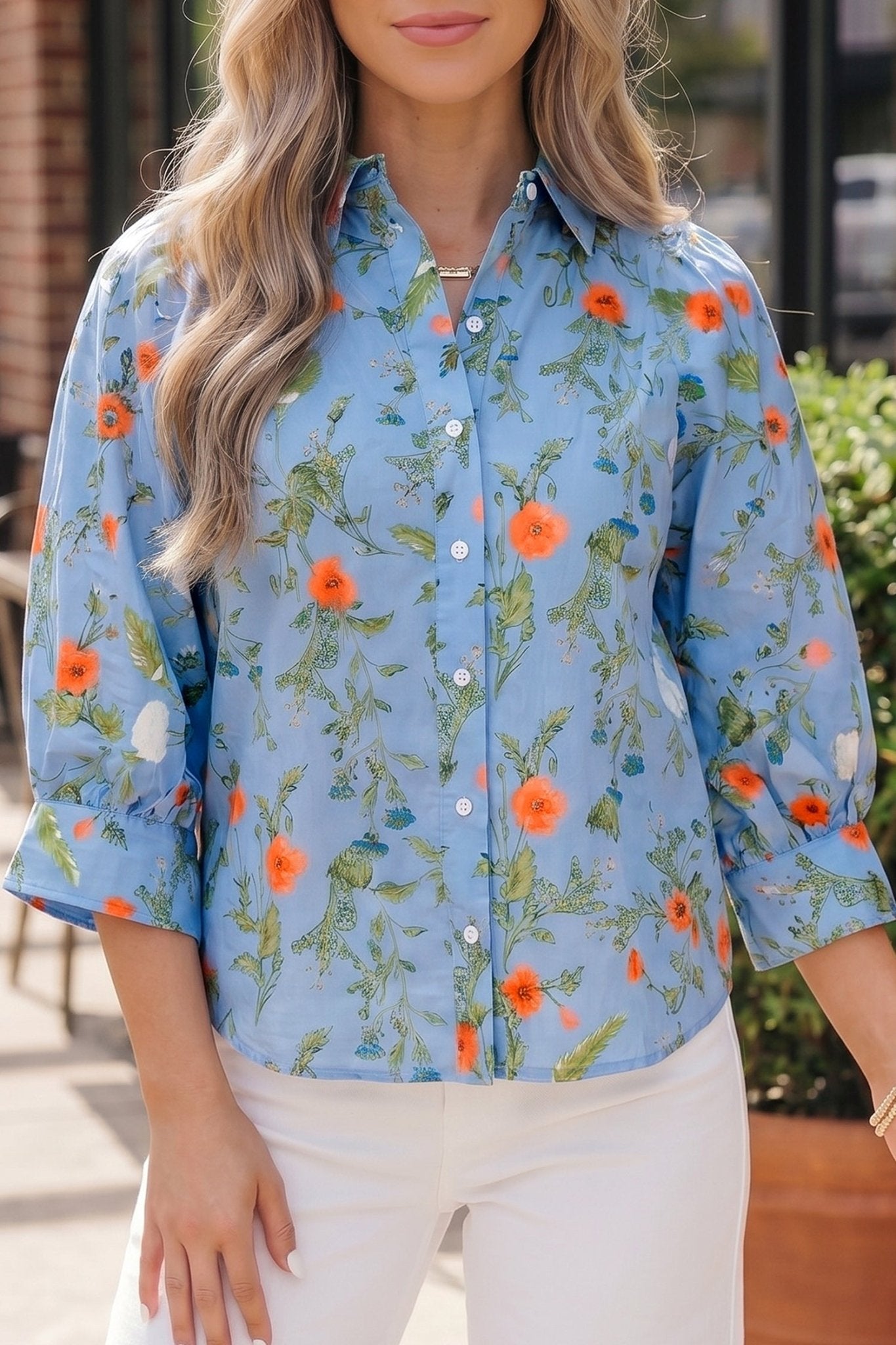 Floral 3/4 Sleeve Button Down Collared Blouse - Rooted & Reckless Co.