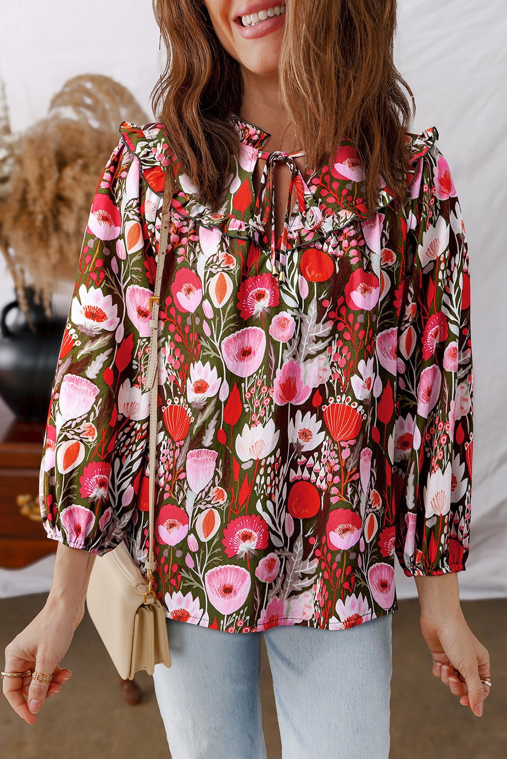 Floral 3/4 Sleeve Lace-Up Neck Blouse - Rooted & Reckless Co.