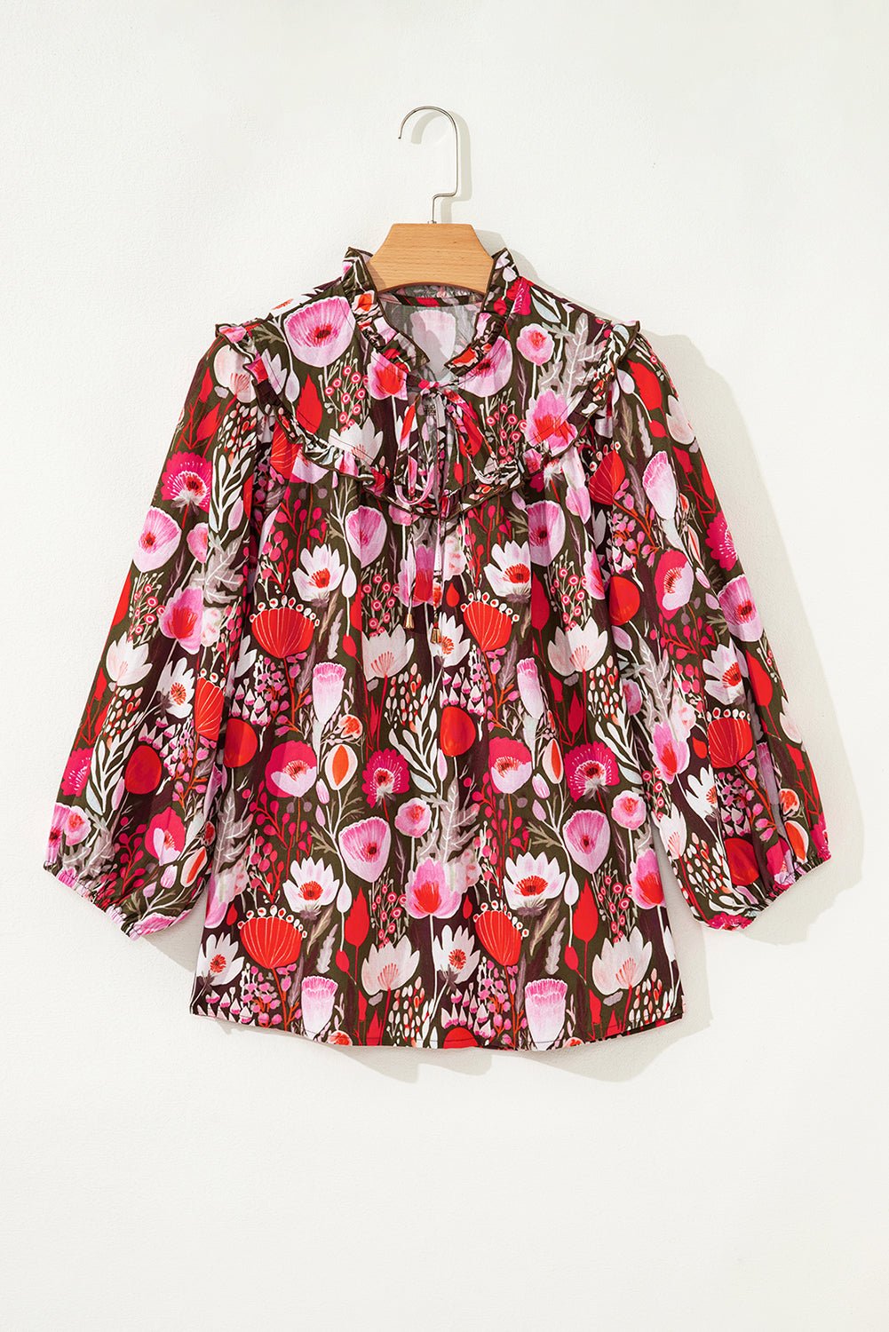 Floral 3/4 Sleeve Lace-Up Neck Blouse - Rooted & Reckless Co.