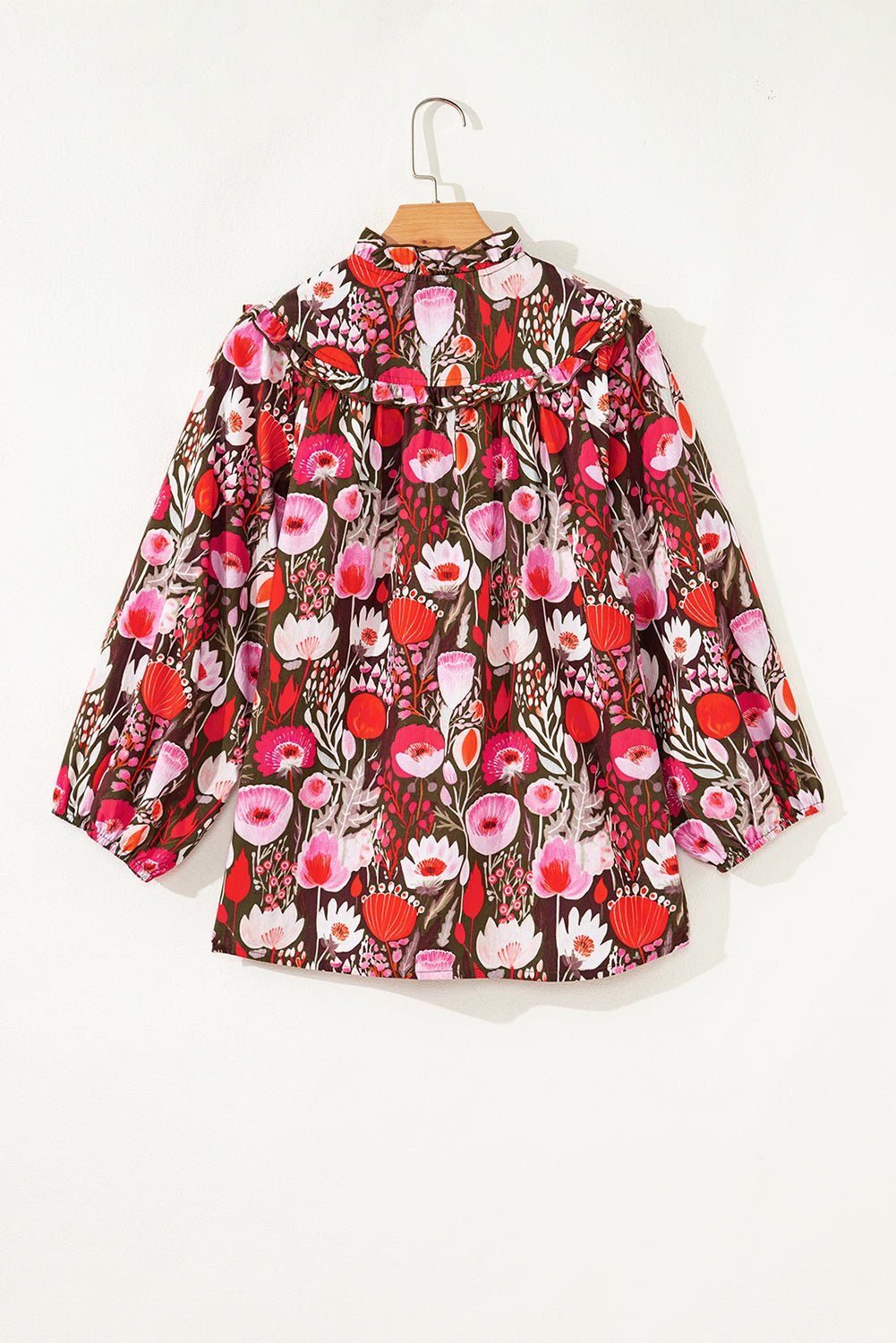 Floral 3/4 Sleeve Lace-Up Neck Blouse - Rooted & Reckless Co.