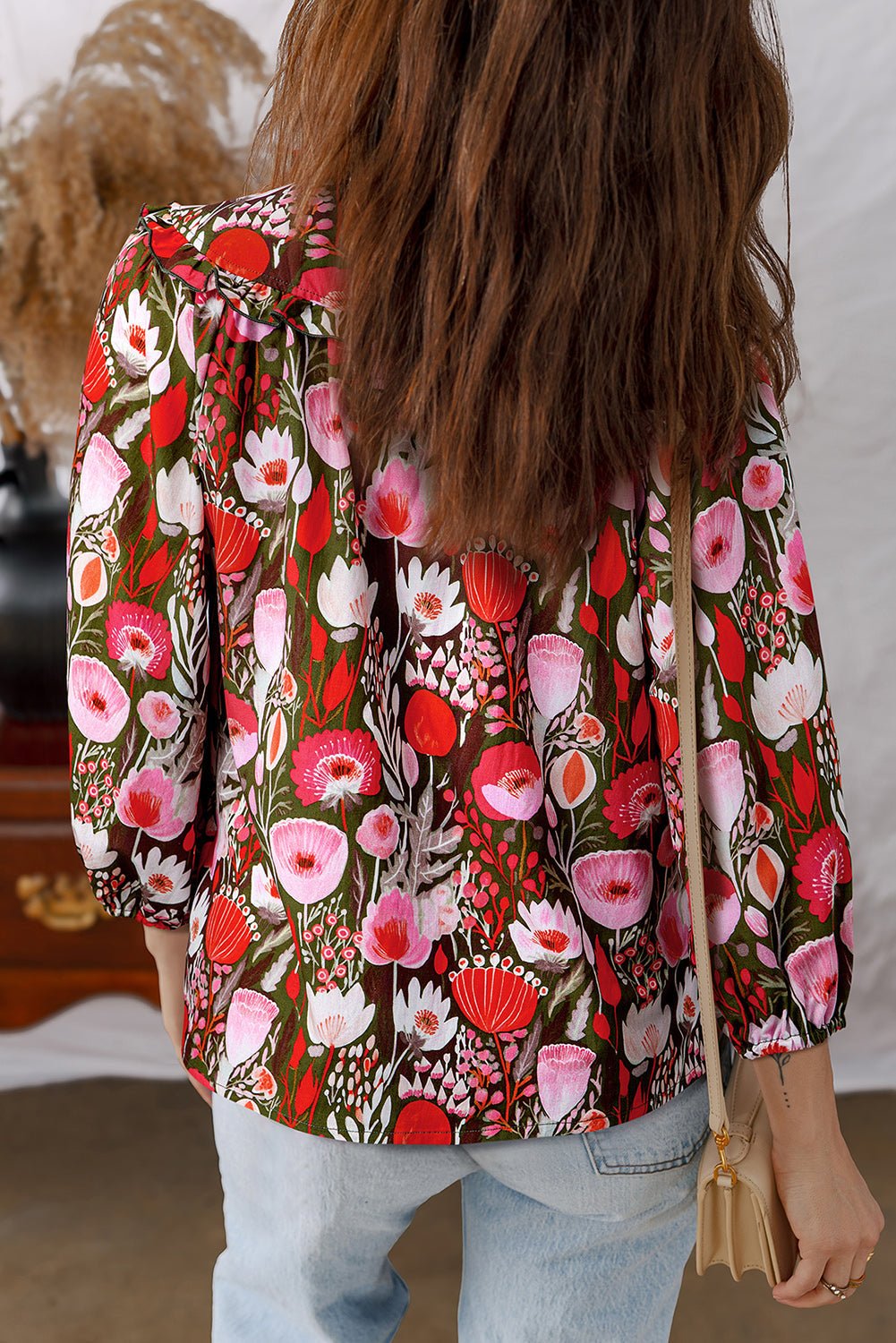 Floral 3/4 Sleeve Lace-Up Neck Blouse - Rooted & Reckless Co.