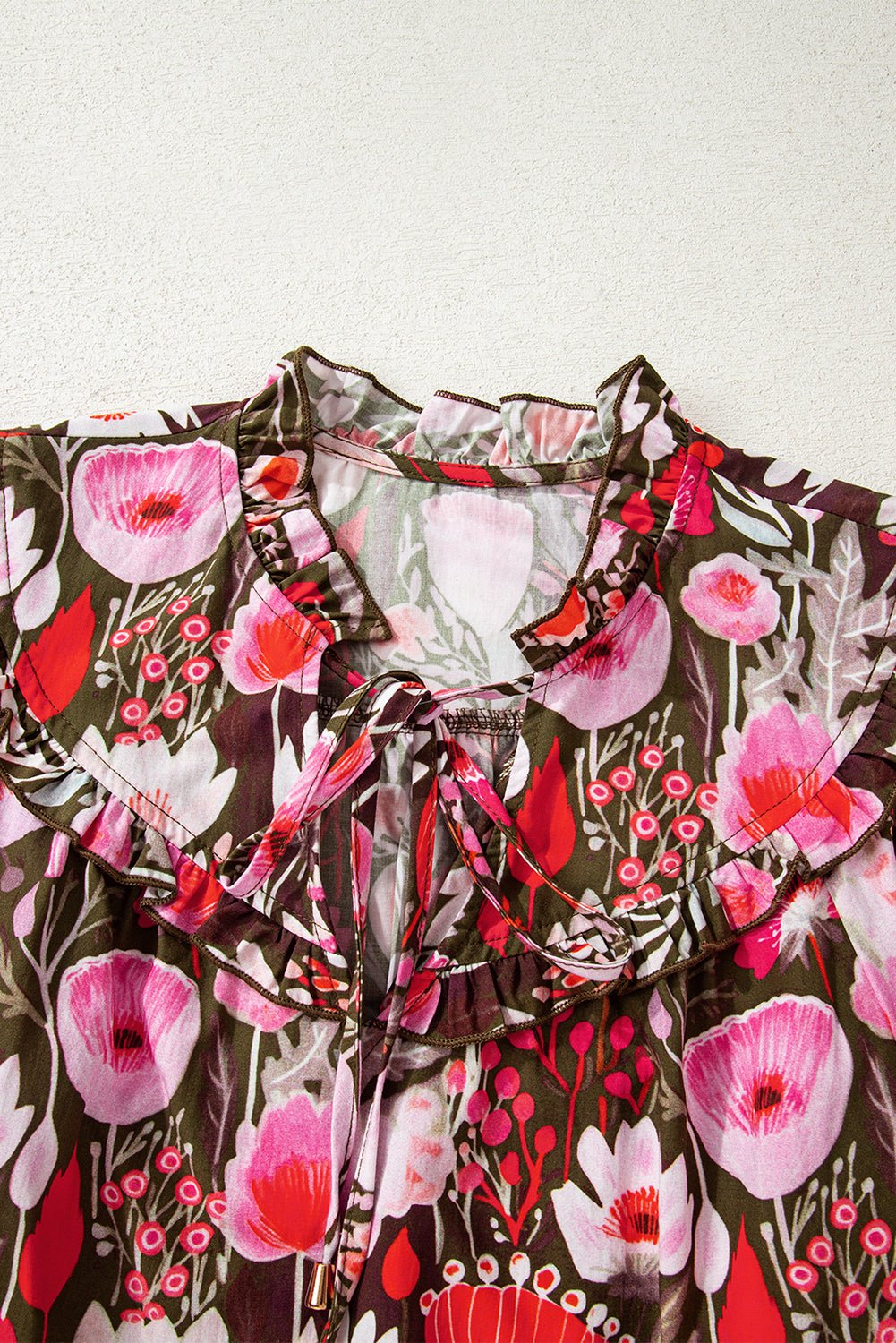 Floral 3/4 Sleeve Lace-Up Neck Blouse - Rooted & Reckless Co.
