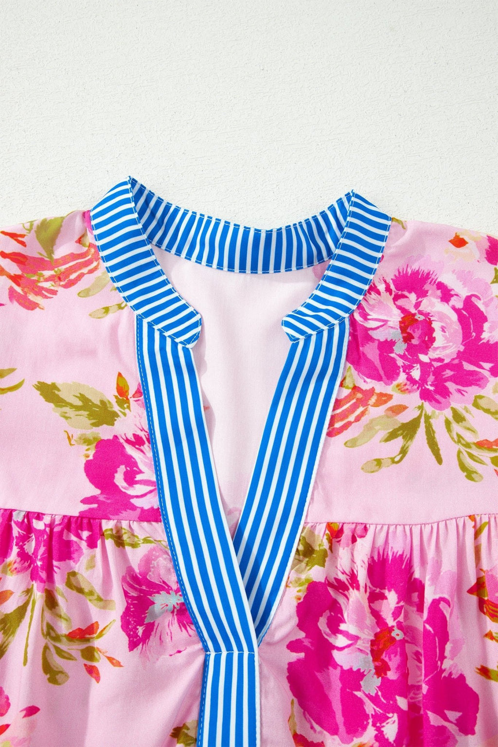 Floral 3/4 Sleeve Stripe Trim V-Neck Blouse - Rooted & Reckless Co.